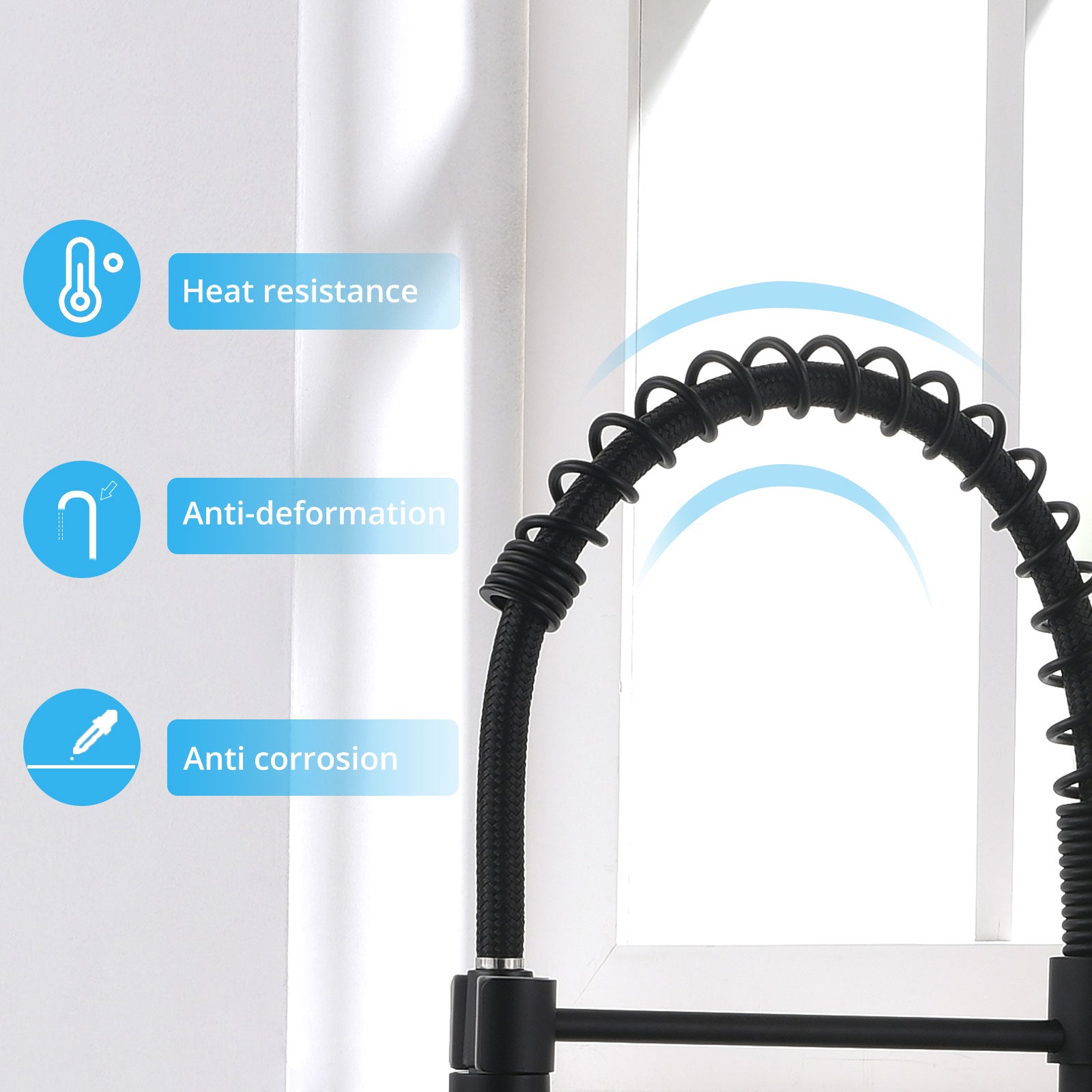 MAX Faucets | Pull-Down Spiral Flexible Kitchen Faucet – 16.5" Matte Black Finish with LED Light