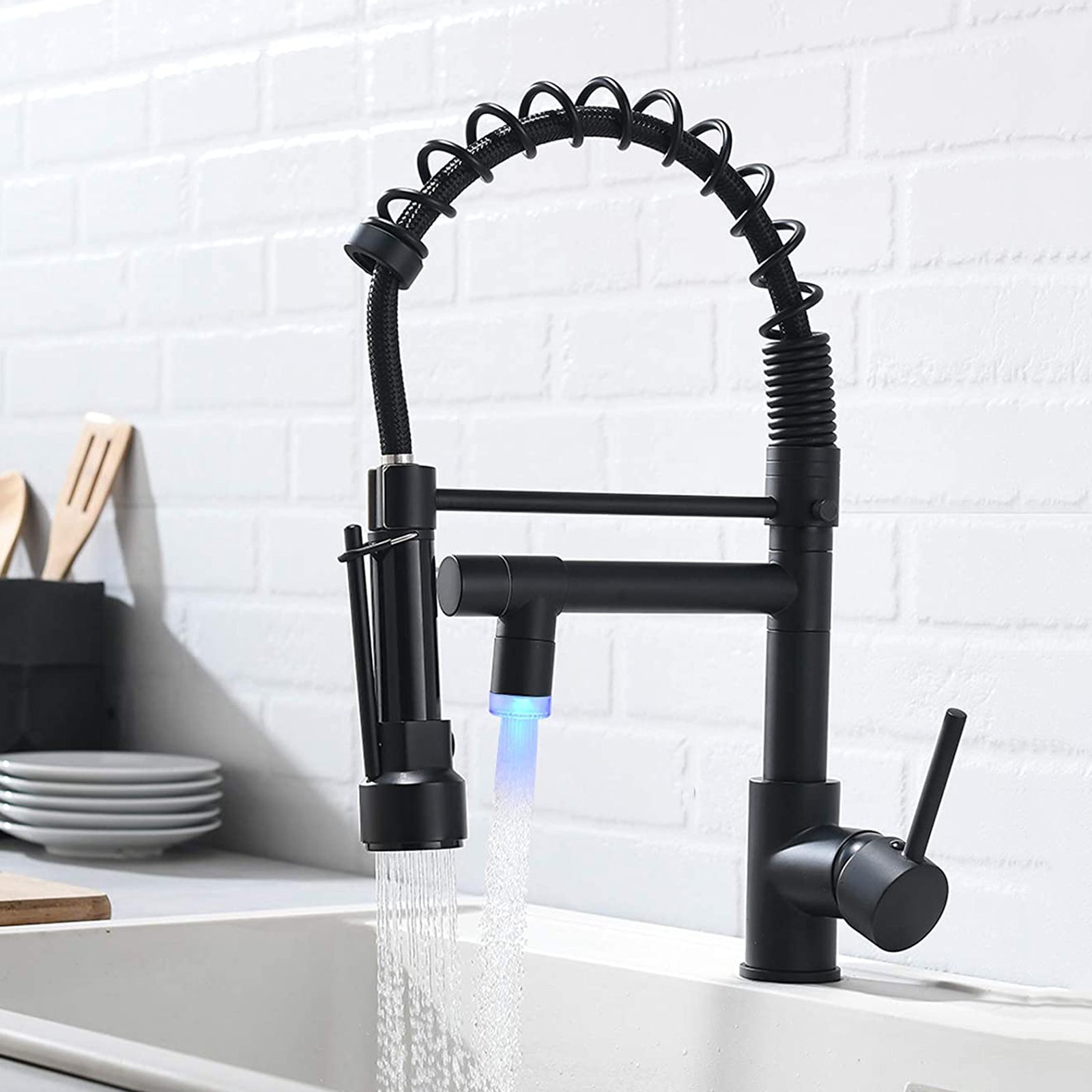 MAX Faucets | Pre-Rinse Chef Style Kitchen Faucet Hands-Free Pull-Down Flexible with Separate Pot Filler Spout and LED Light – 19" Matte Black Finish