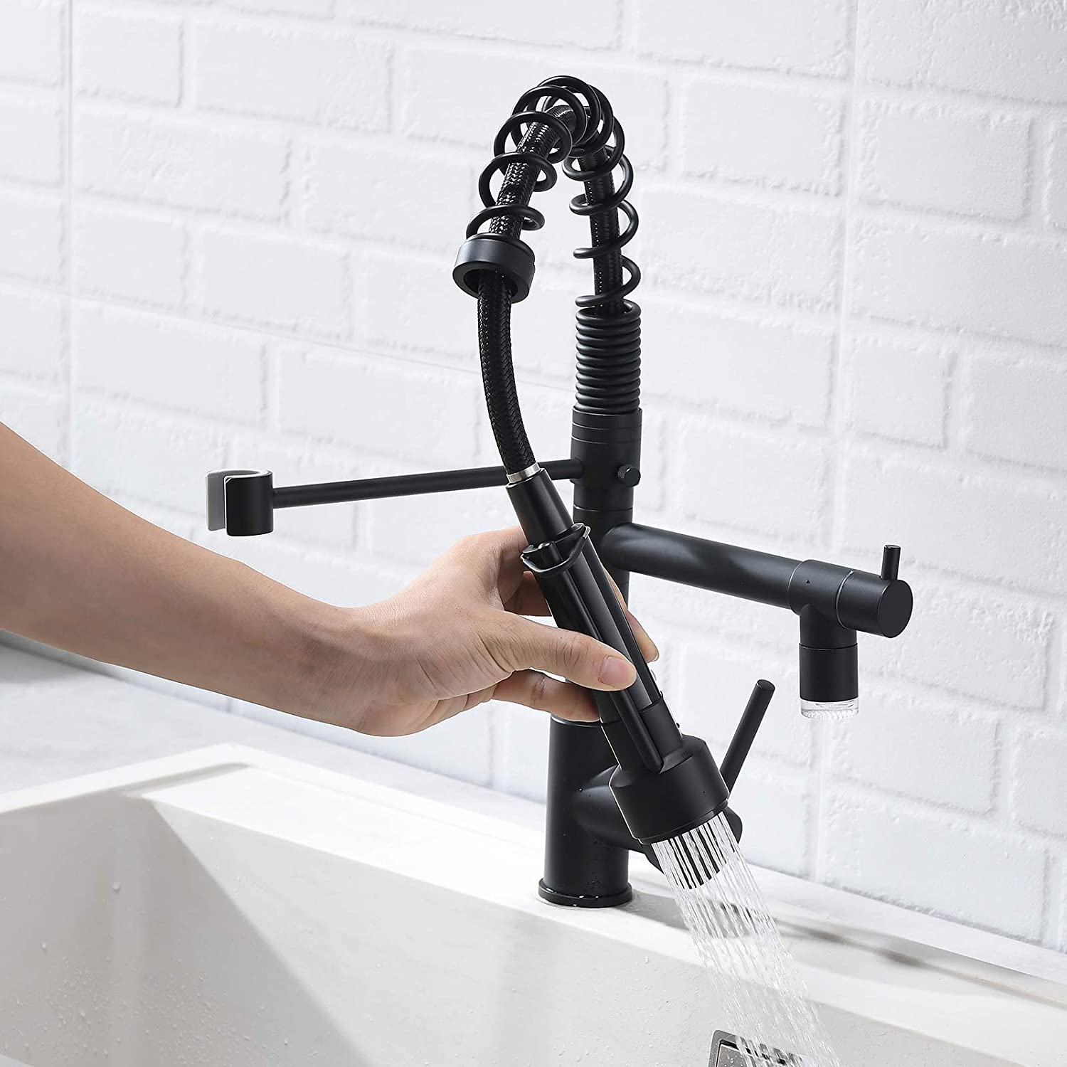 MAX Faucets | Pre-Rinse Chef Style Kitchen Faucet Hands-Free Pull-Down Flexible with Separate Pot Filler Spout and LED Light – 19" Matte Black Finish