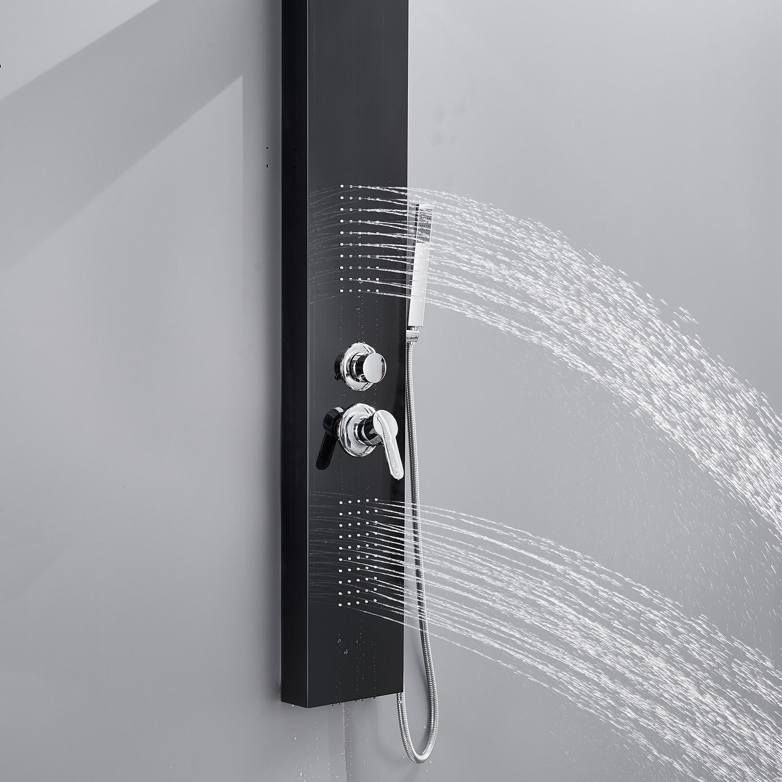 Waterfall Shower Panel System 4 Functions with 2 Body Jets and Handheld Black Finish