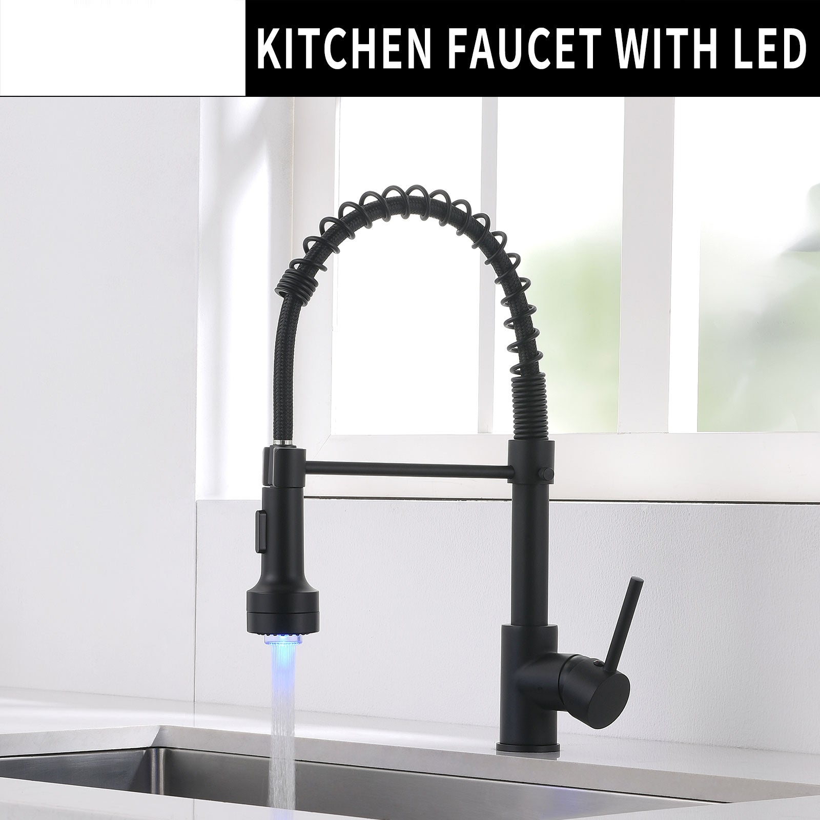 MAX Faucets | Pull-Down Spiral Flexible Kitchen Faucet – 16.5" Matte Black Finish with LED Light