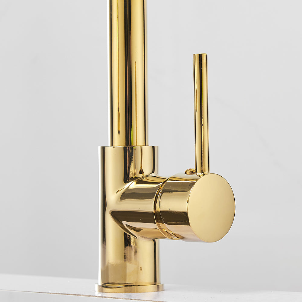 MAX Faucets | Pull-Down Spiral Flexible Kitchen Faucet – 16.5" Shiny Gold Finish with LED Light