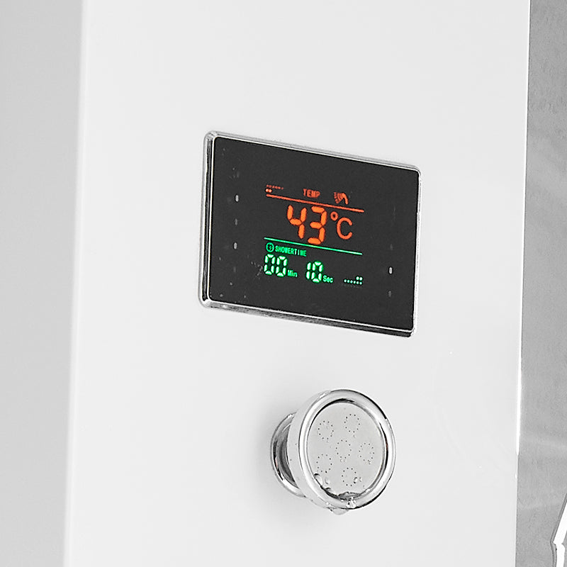 Thermostatic Rainfall Shower Panel System – 6 Functions with 8 Massage Jets, Handheld Shower & Digital Display | White Finish