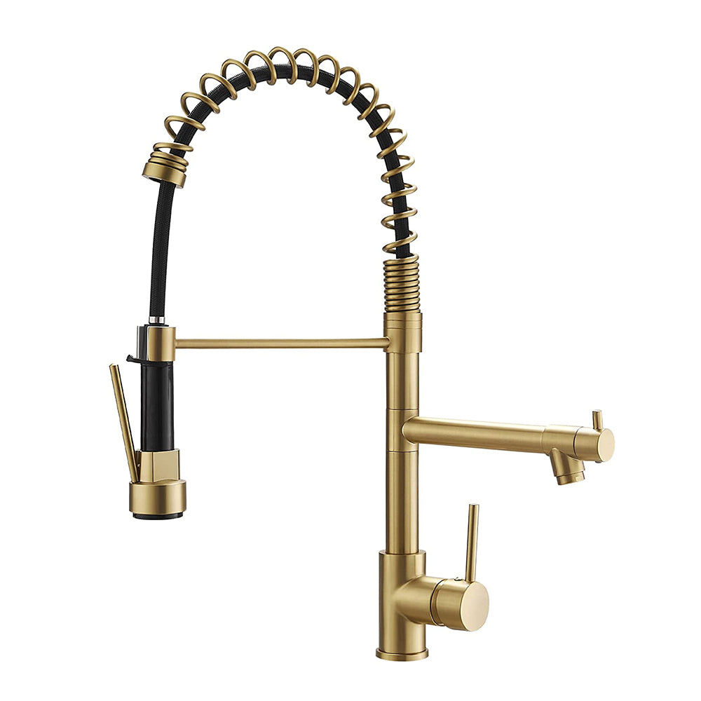 MAX Faucets | Pre-Rinse Chef Style Kitchen Faucet Hands-Free Pull-Down Flexible with Separate Pot Filler Spout – 19" Brushed Gold Finish