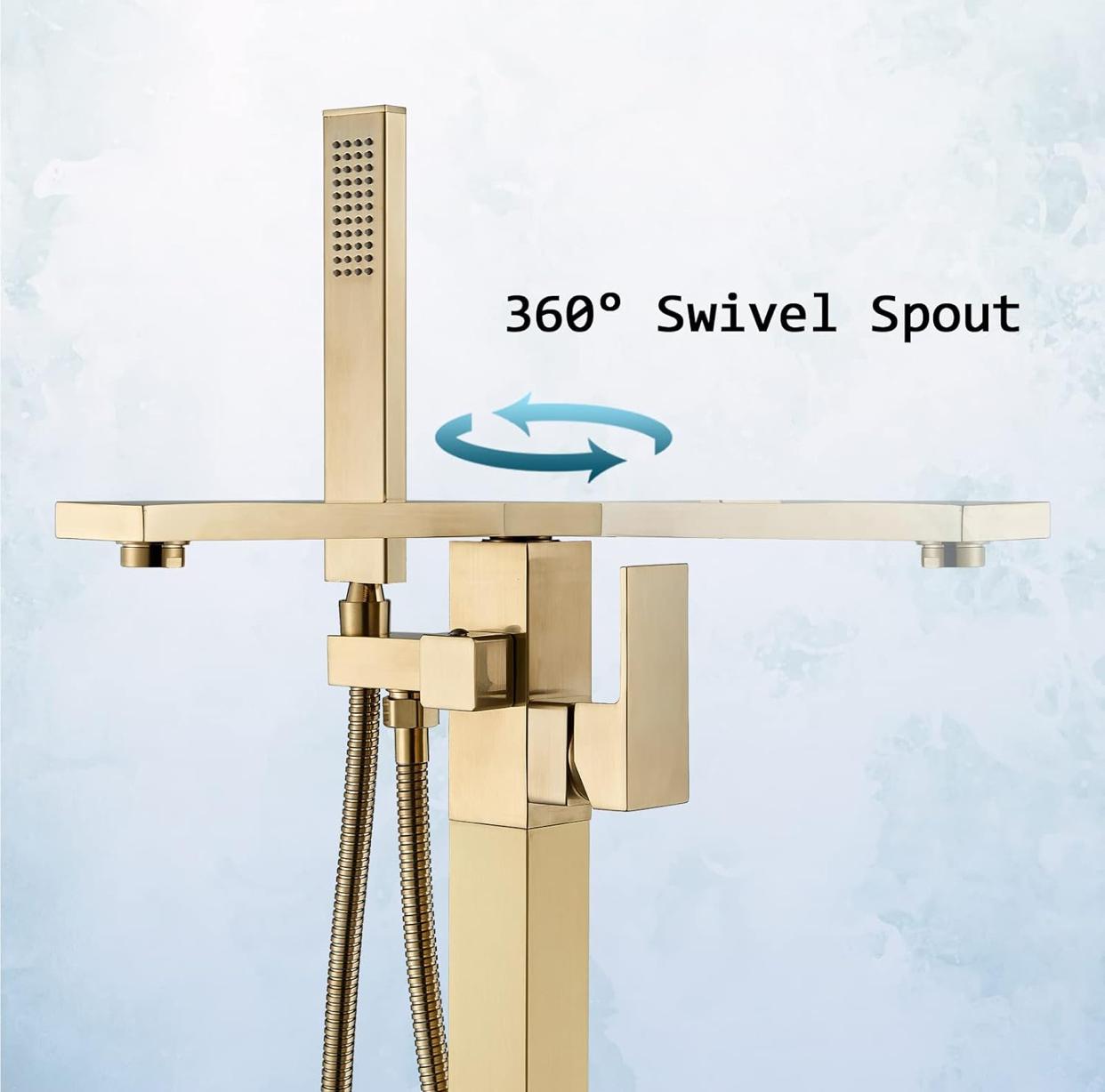 Freestanding Bathtub Faucet Brushed Gold Tub Filler Faucet Floor Mounted Single Handle With Rough-In And Handheld