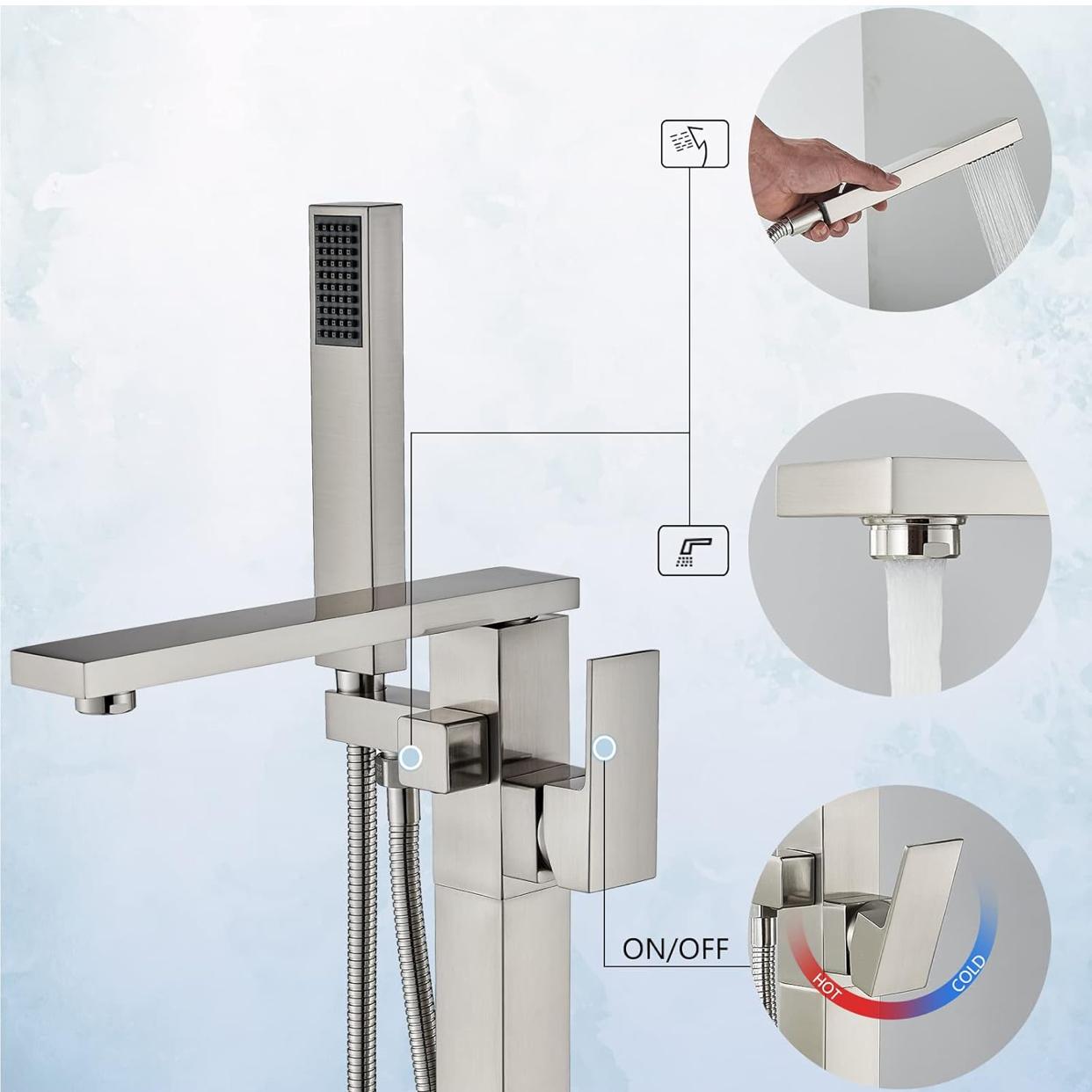 Freestanding Bathtub Faucets Floor Mounted Single Handle With Rough-In And Handheld Brushed Nickel Finish