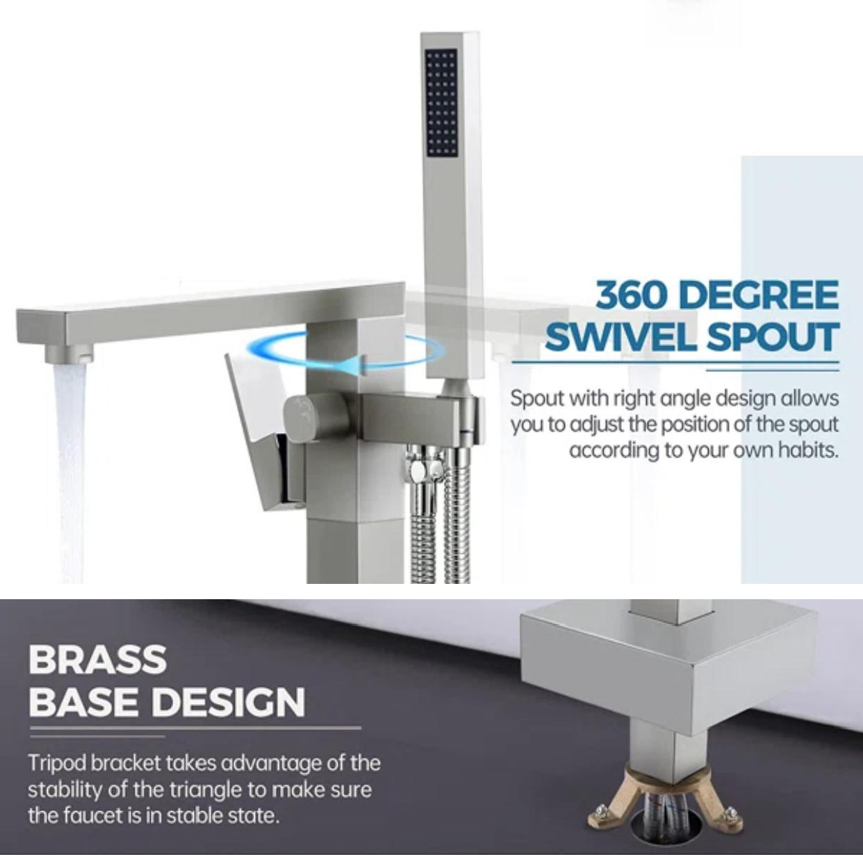 Freestanding Bathtub Faucets Floor Mounted Single Handle With Rough-In And Handheld Brushed Nickel Finish