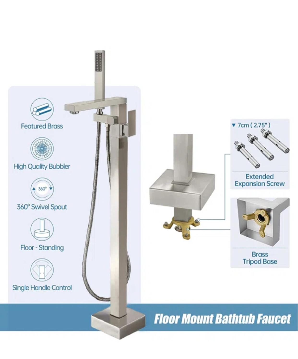 Freestanding Bathtub Faucets Floor Mounted Single Handle With Rough-In And Handheld Brushed Nickel Finish