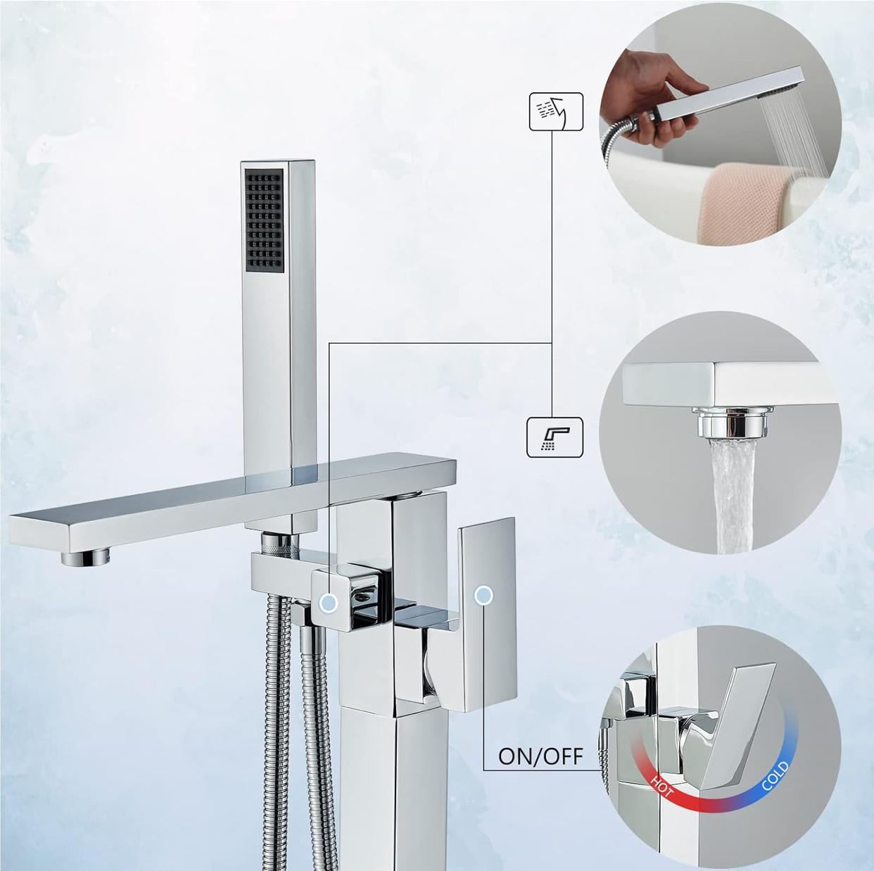 Freestanding Bathtub Faucet Tub Filler Floor Mounted Faucet Single Handle With Rough-In And Handheld Chrome Finish