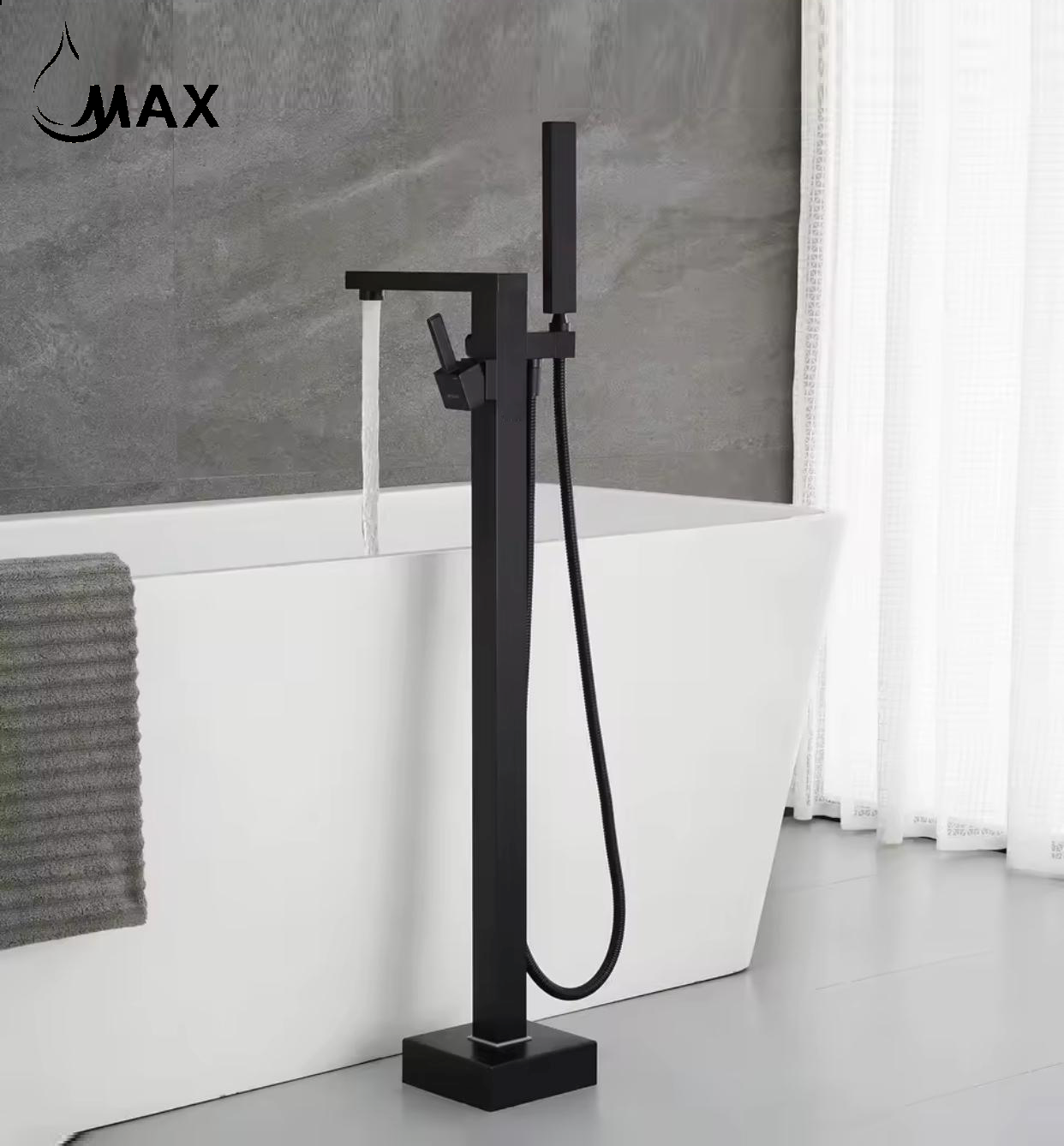 Freestanding Bathtub Faucet Floor Mounted Tub Filler Faucet Single Handle With Rough-In And Handheld Matte Black Finish