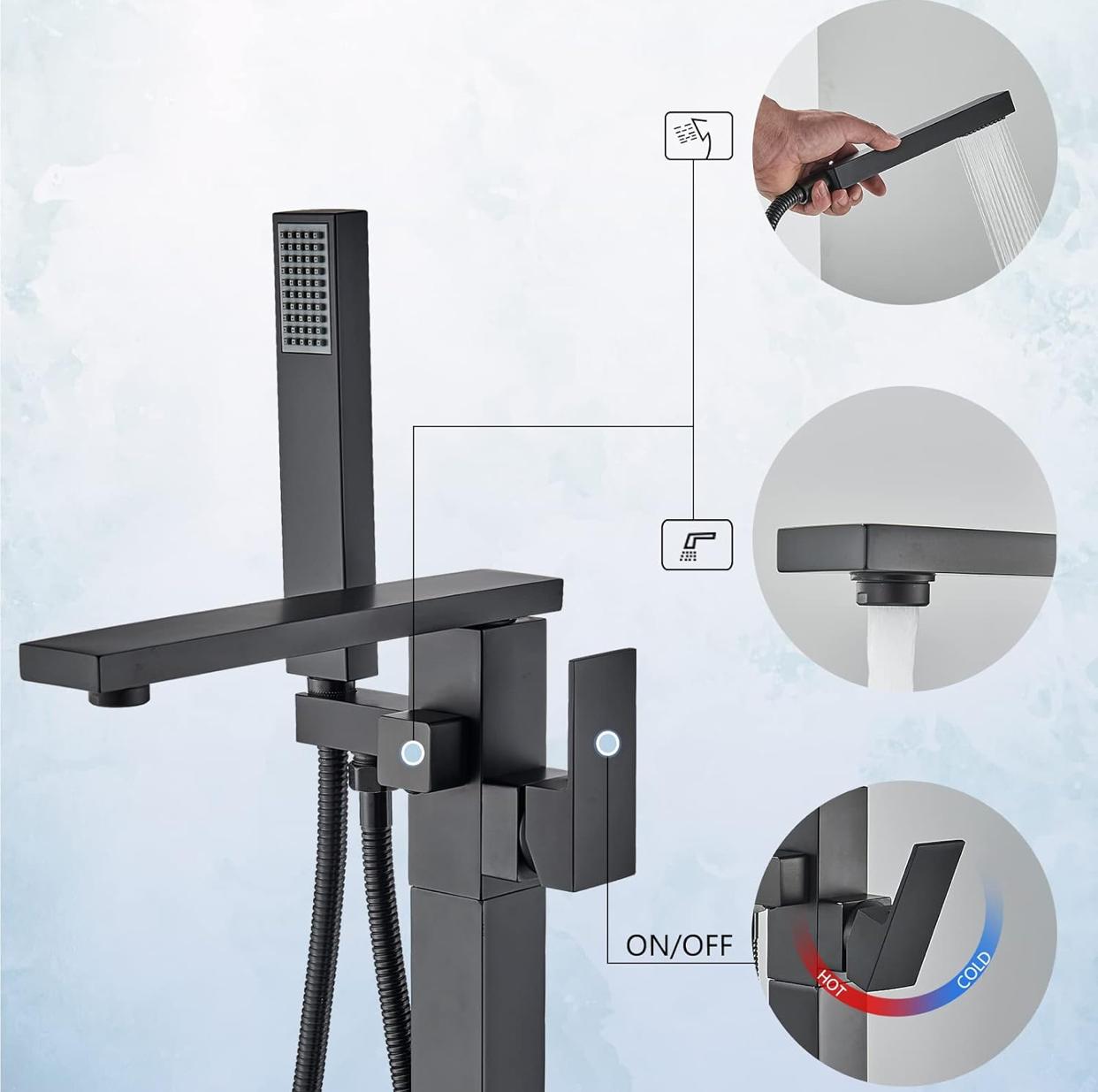 Freestanding Bathtub Faucet Floor Mounted Tub Filler Faucet Single Handle With Rough-In And Handheld Matte Black Finish