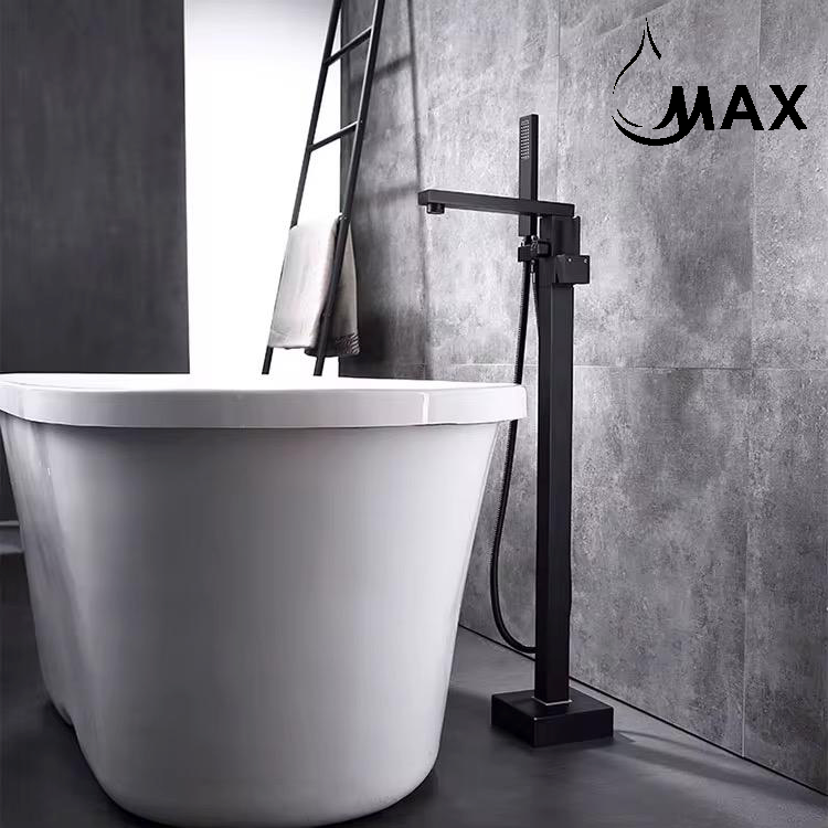 Freestanding Bathtub Faucet Floor Mounted Tub Filler Faucet Single Handle With Rough-In And Handheld Matte Black Finish