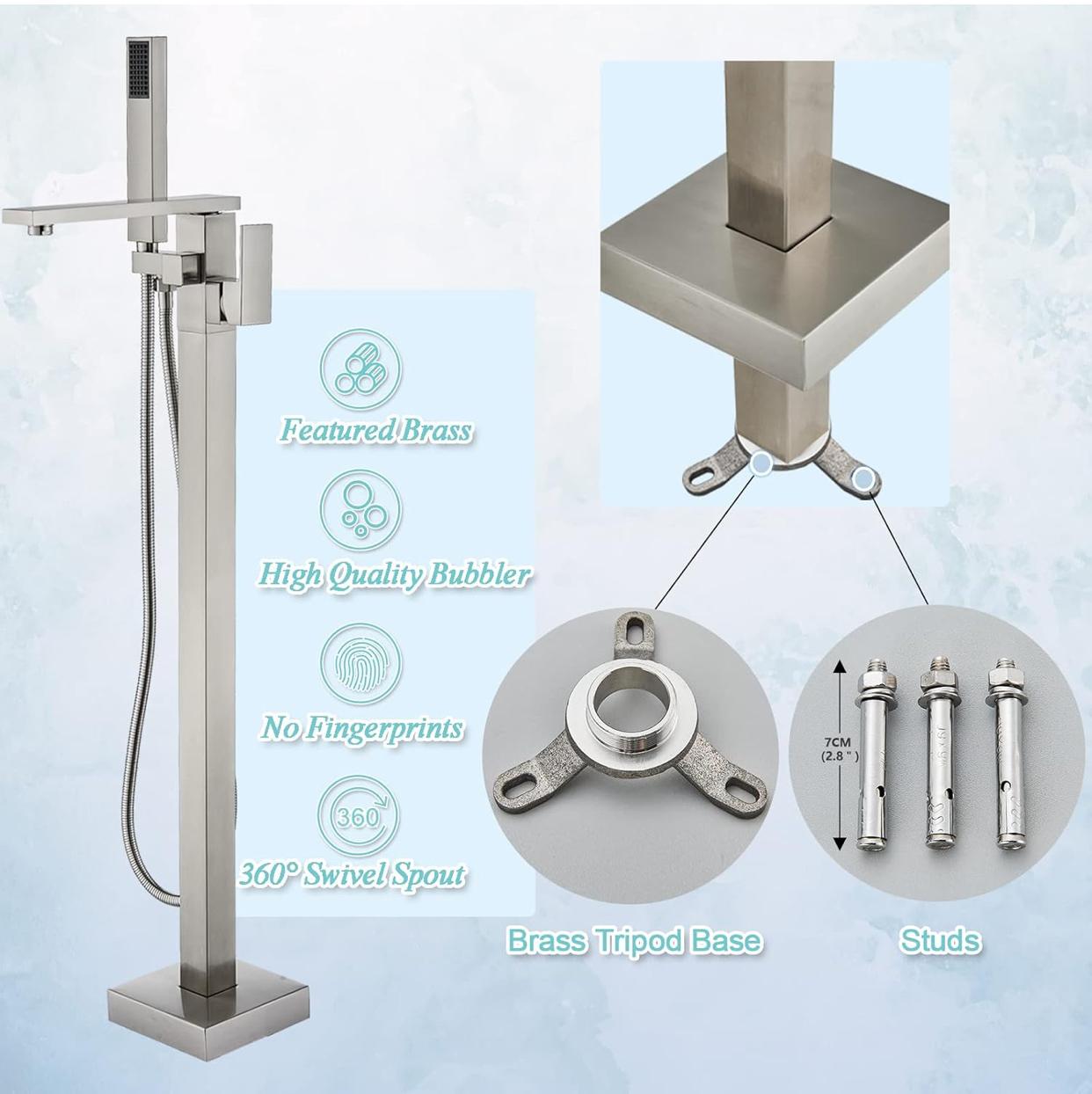 Freestanding Bathtub Faucets Floor Mounted Single Handle With Rough-In And Handheld Brushed Nickel Finish