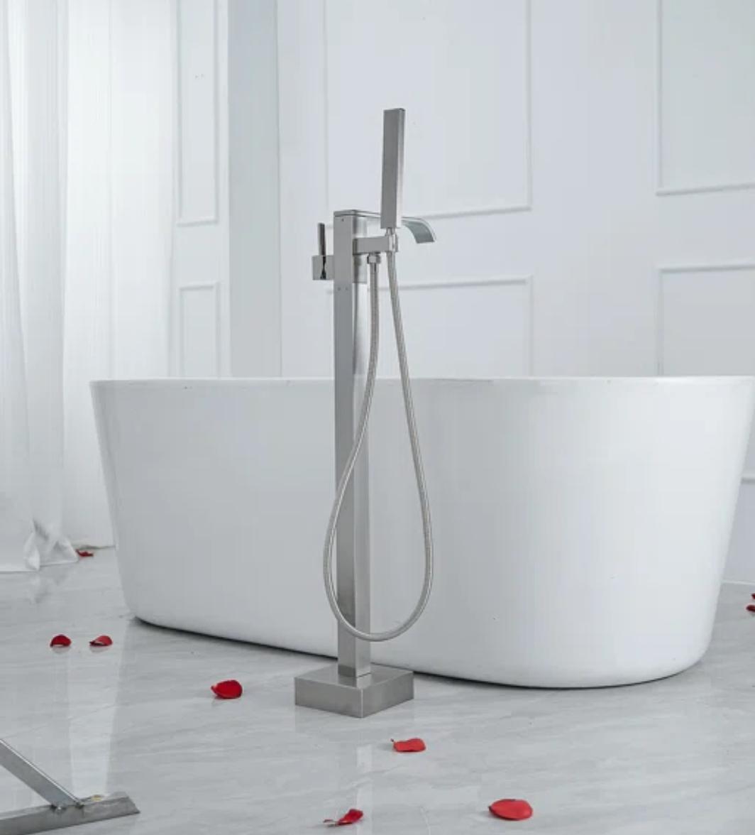 MAX Faucets | Floor Mount Tub Filler Waterfall Single Handle With Rough-In And Handheld Brushed Nickel Finish
