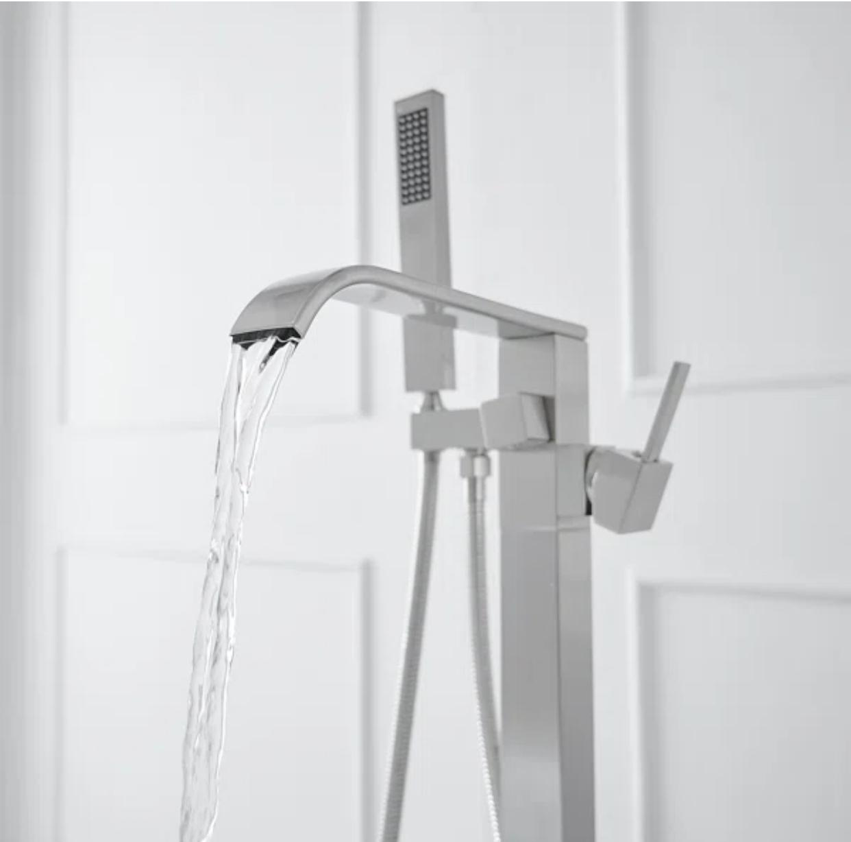 MAX Faucets | Floor Mount Tub Filler Waterfall Single Handle With Rough-In And Handheld Brushed Nickel Finish