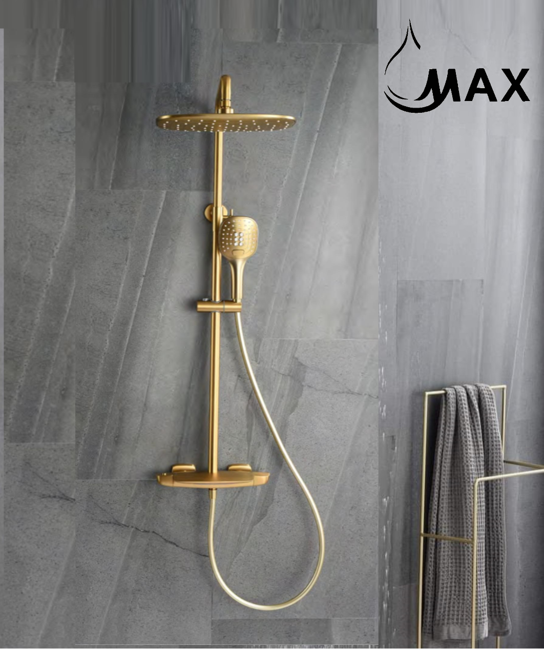 Thermostatic Shower System Waterfall Tub Rain Three Functions Brushed Gold Finish