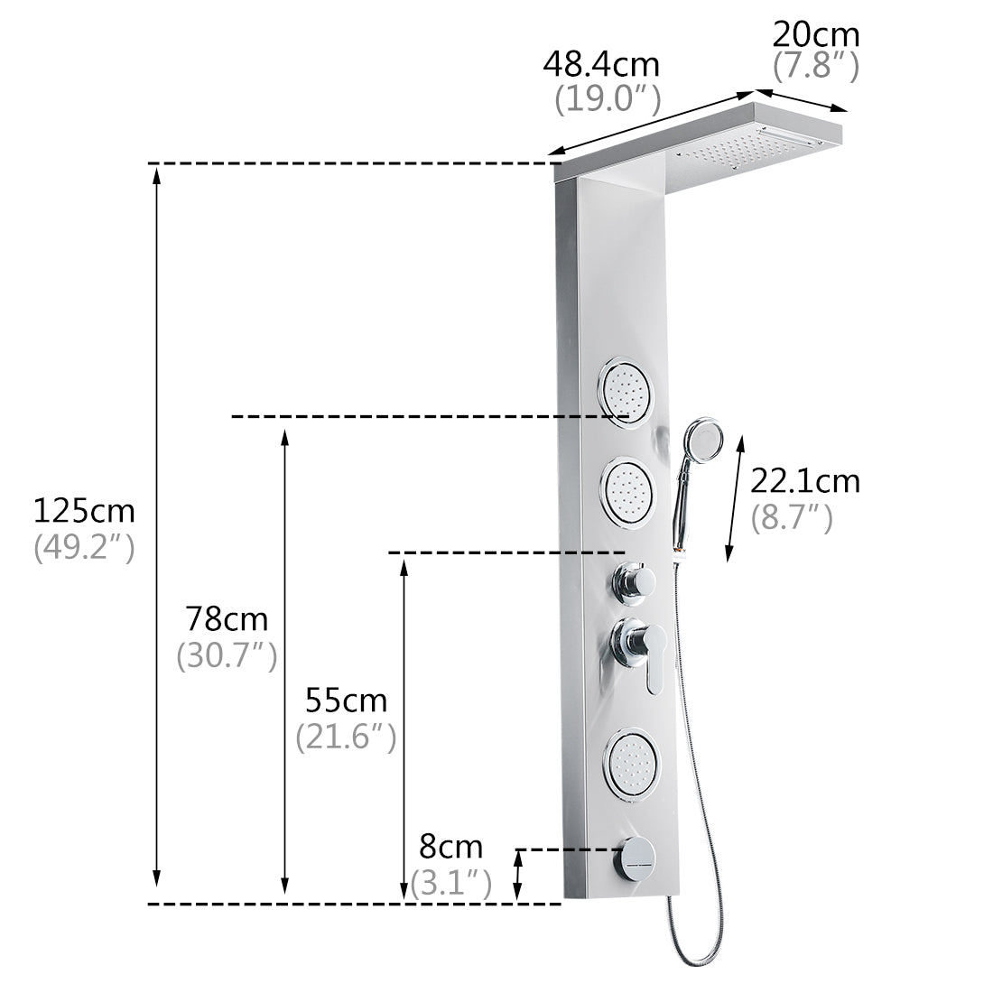 Rainfall Shower Panel System Five Functions with 3 Massage Jets and Handheld Brushed Nickel Finish