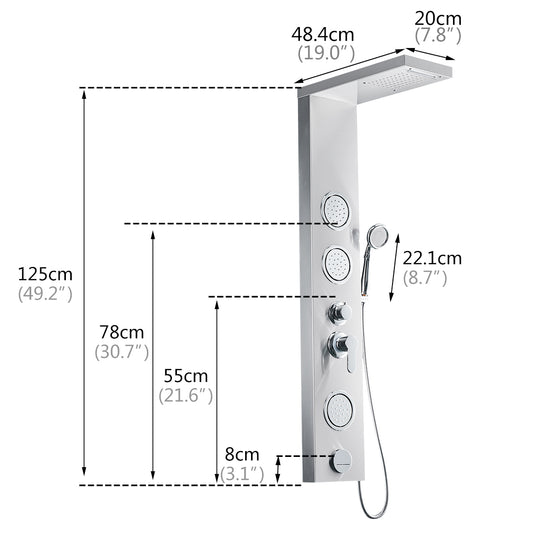 Rainfall Shower Panel System Five Functions with 3 Massage Jets and Handheld Brushed Nickel Finish