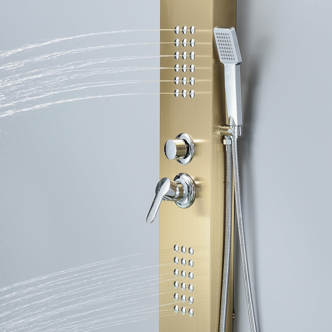 MAX Faucets | Waterfall Shower Panel System with 2 Massage Jets, Handheld, and Spout – Brushed Gold Finish