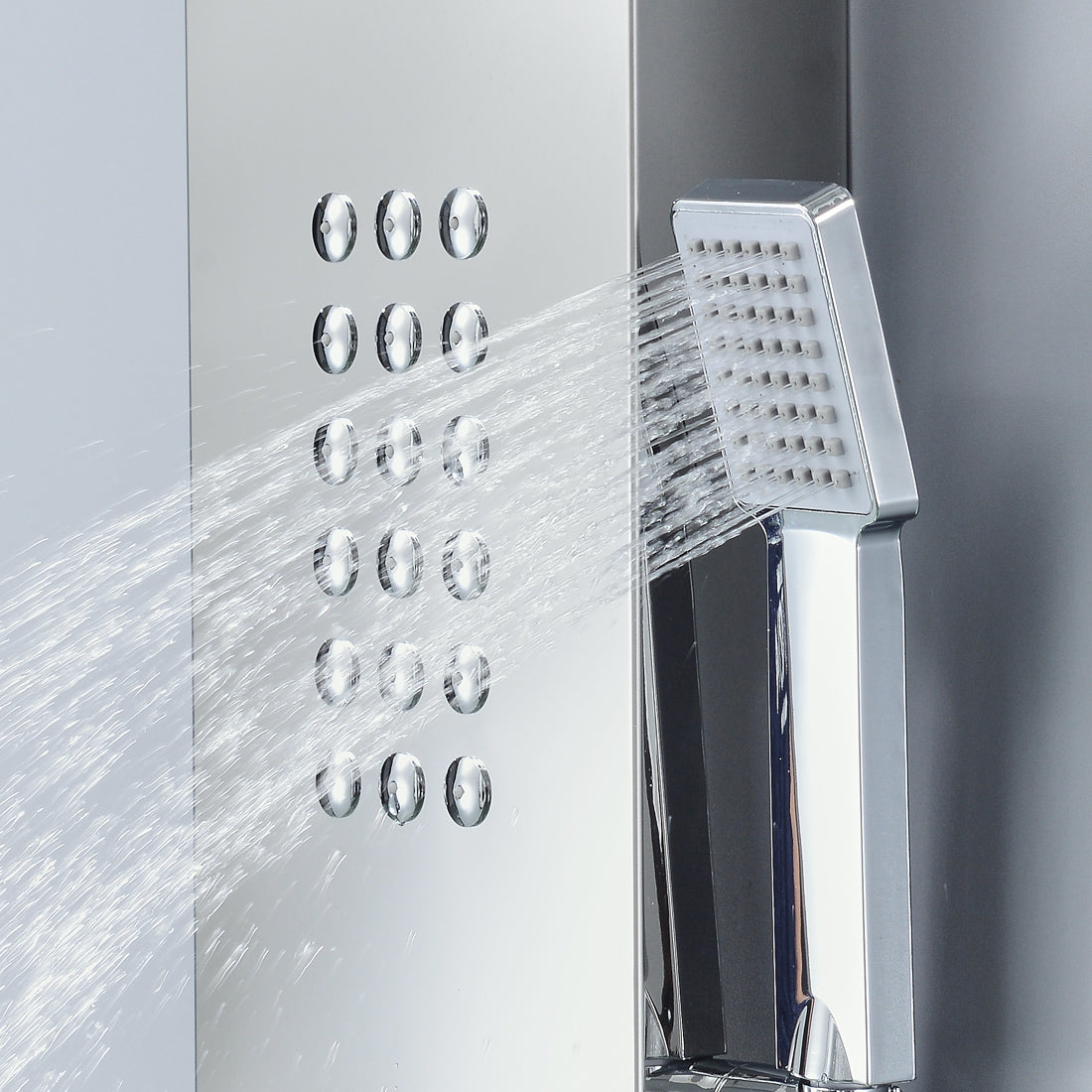 MAX Faucets | Rainfall Shower Panel System with 2 Massage Jets, Handheld, and Spout – Brushed Nickel Finish