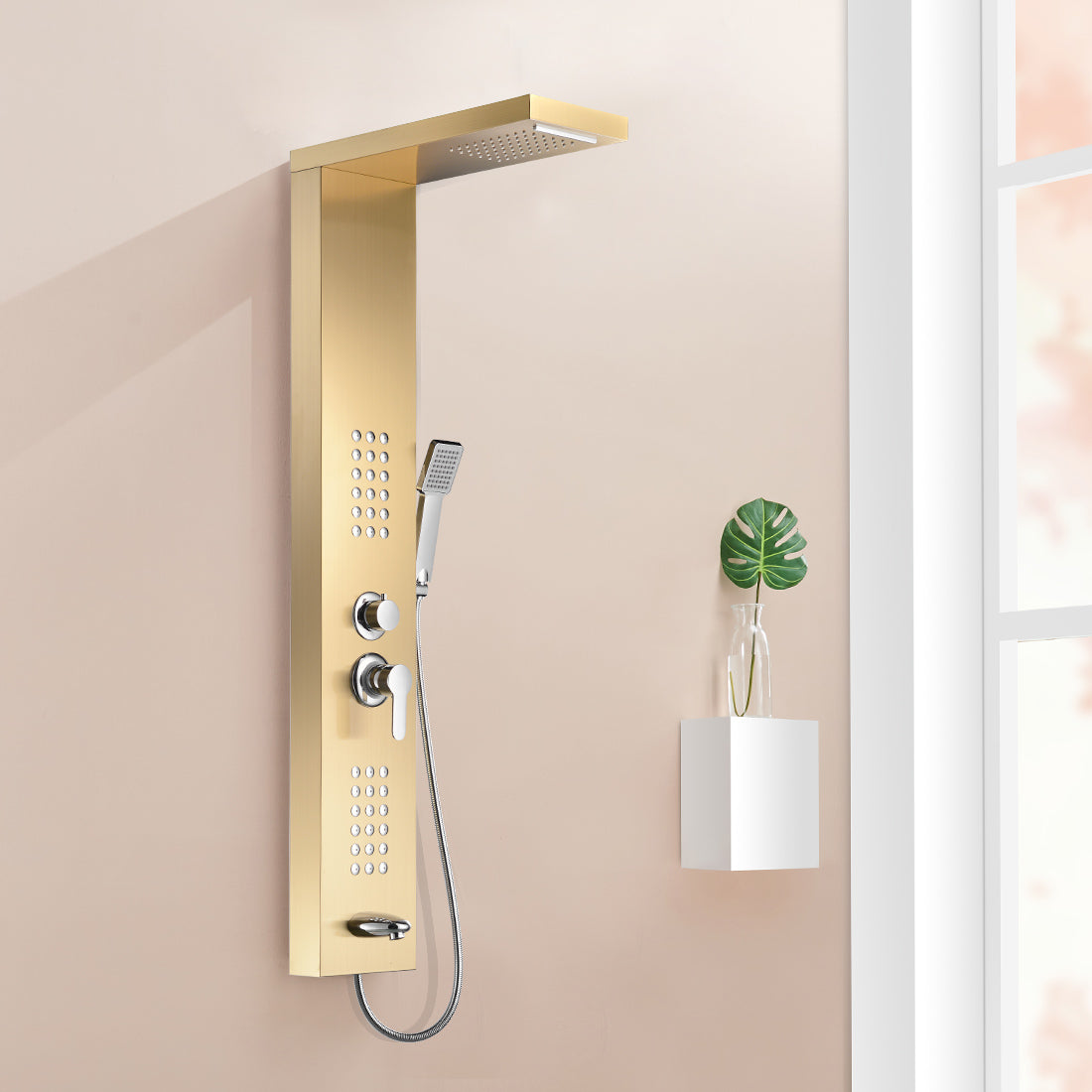 MAX Faucets | Waterfall Shower Panel System with 2 Massage Jets, Handheld, and Spout – Brushed Gold Finish