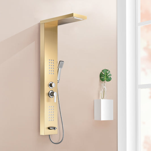 Waterfall Shower Panel System with 2 Massage Jets and Handheld Brushed Gold