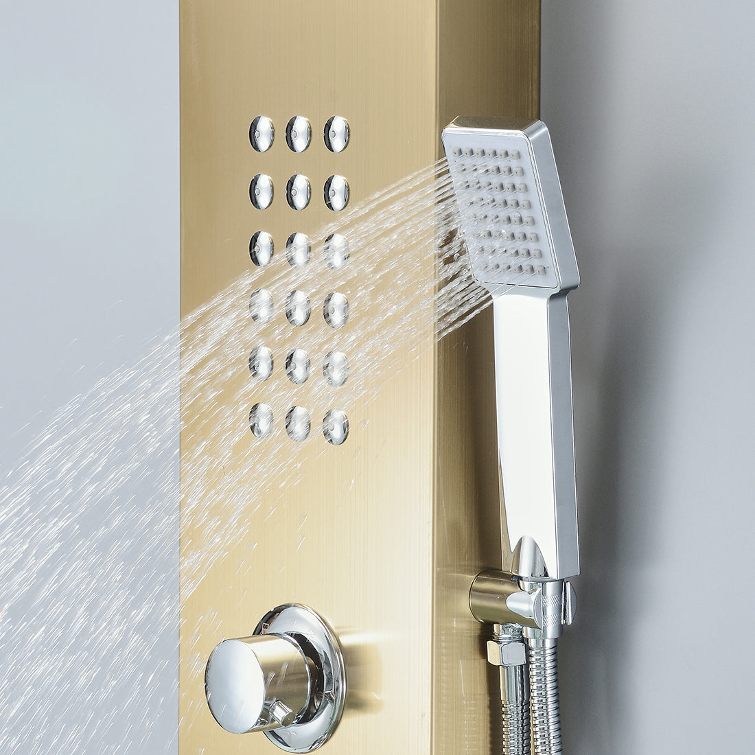 MAX Faucets | Waterfall Shower Panel System with 2 Massage Jets, Handheld, and Spout – Brushed Gold Finish