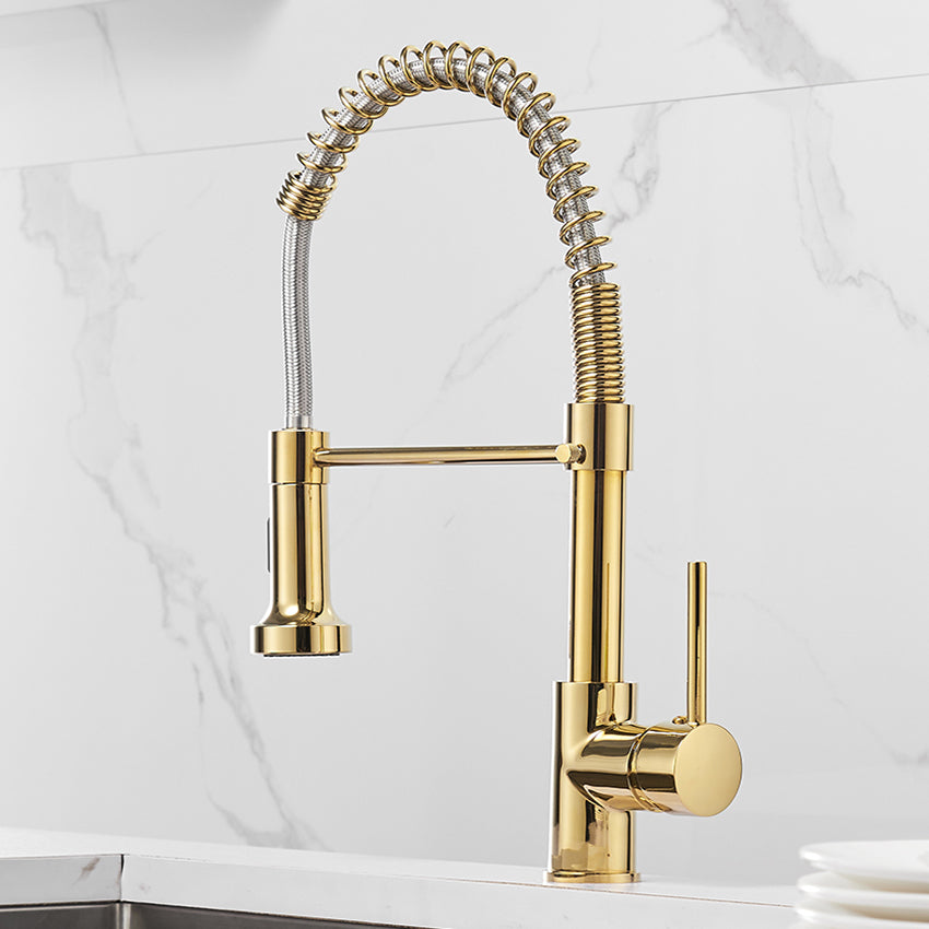 MAX Faucets | Pull-Down Spiral Flexible Kitchen Faucet – 16.5" Shiny Gold Finish with LED Light