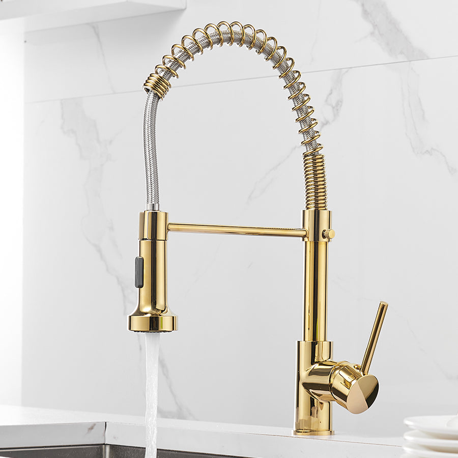 MAX Faucets | Pull-Down Spiral Flexible Kitchen Faucet – 16.5" Shiny Gold Finish with LED Light