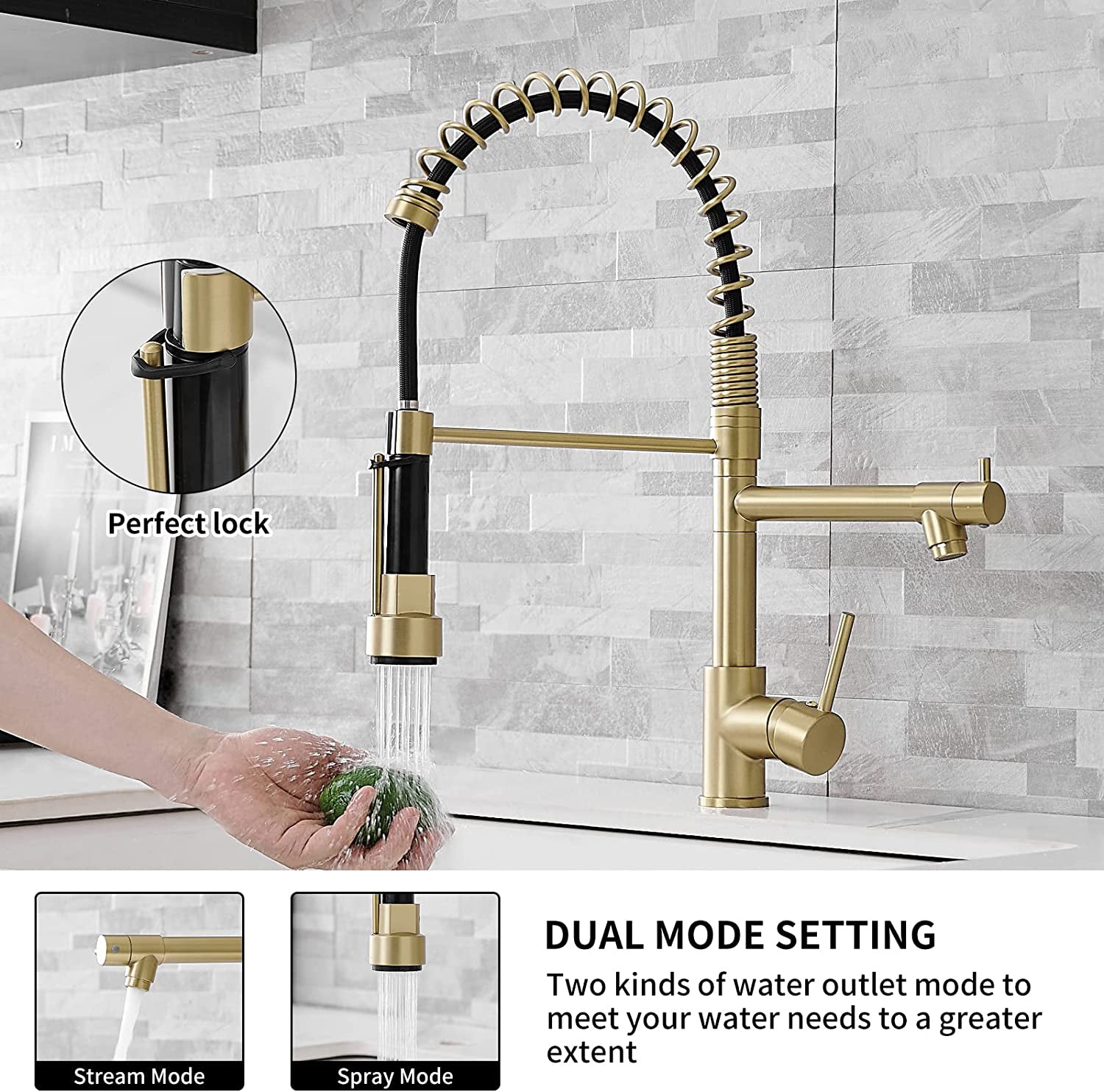 MAX Faucets | Pre-Rinse Chef Style Kitchen Faucet Hands-Free Pull-Down Flexible with Separate Pot Filler Spout – 19" Brushed Gold Finish