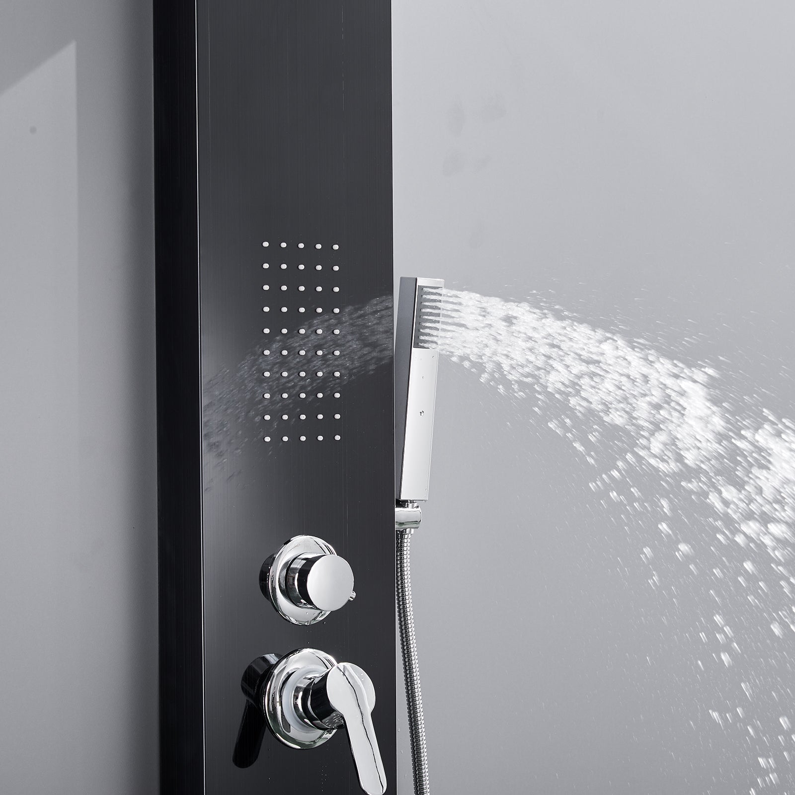 Waterfall Shower Panel System 4 Functions with 2 Body Jets and Handheld Black Finish