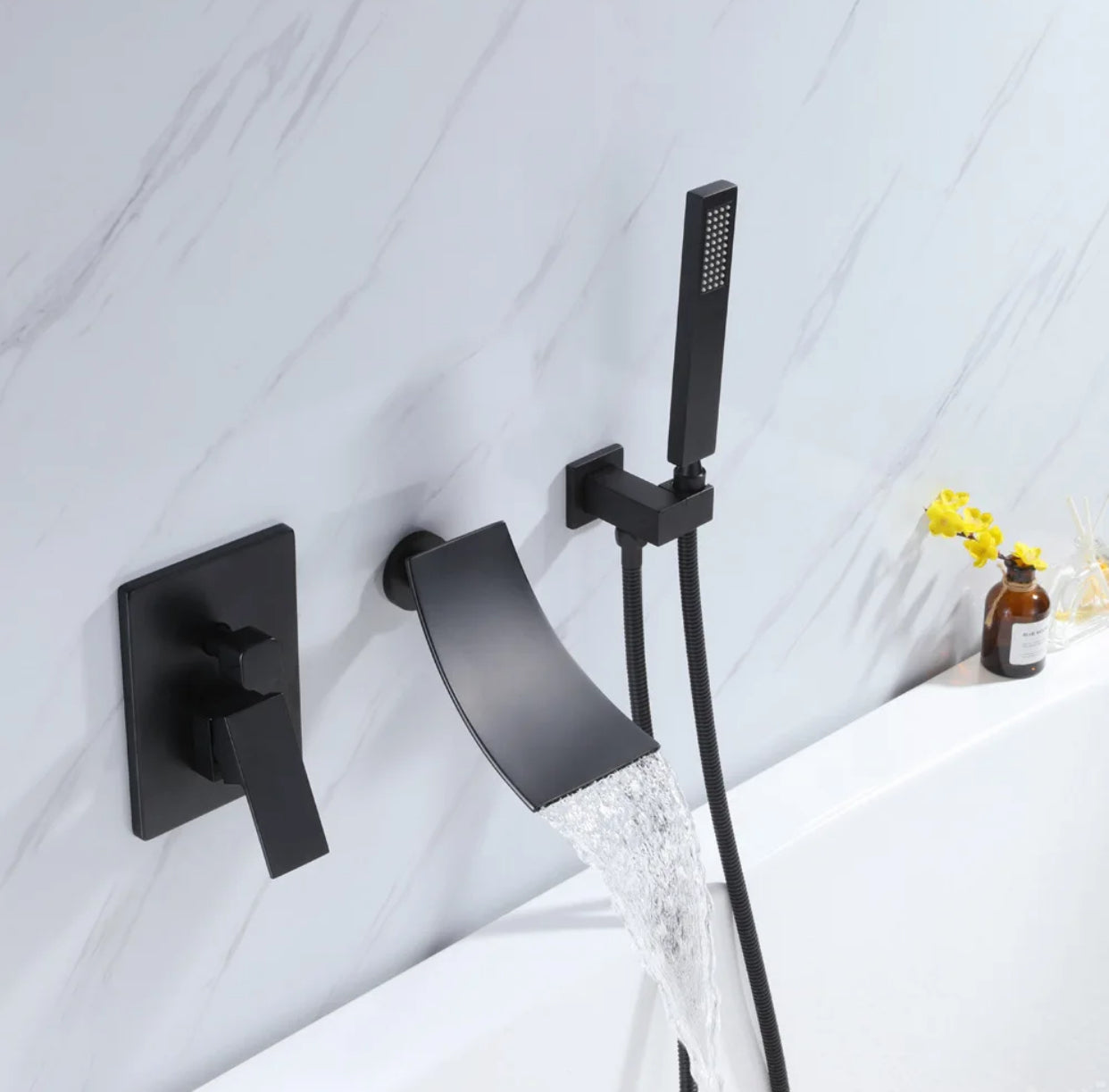MAX Faucets Roman Tub Faucet with Waterfall Spout, Diverter & Handheld Shower – Matte Black Finish