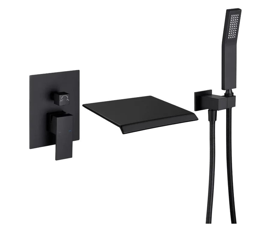 MAX Faucets | Roman Tub Waterfall Spout – Wall-Mounted, Single Handle with Movable Handheld Sprayer – Matte Black Finish