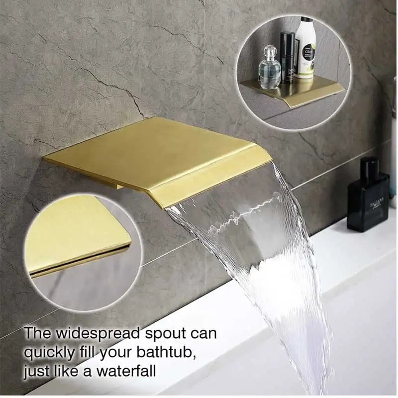 Tub Shower System Set – Three Functions with Waterfall Spout | Brushed Gold Finish