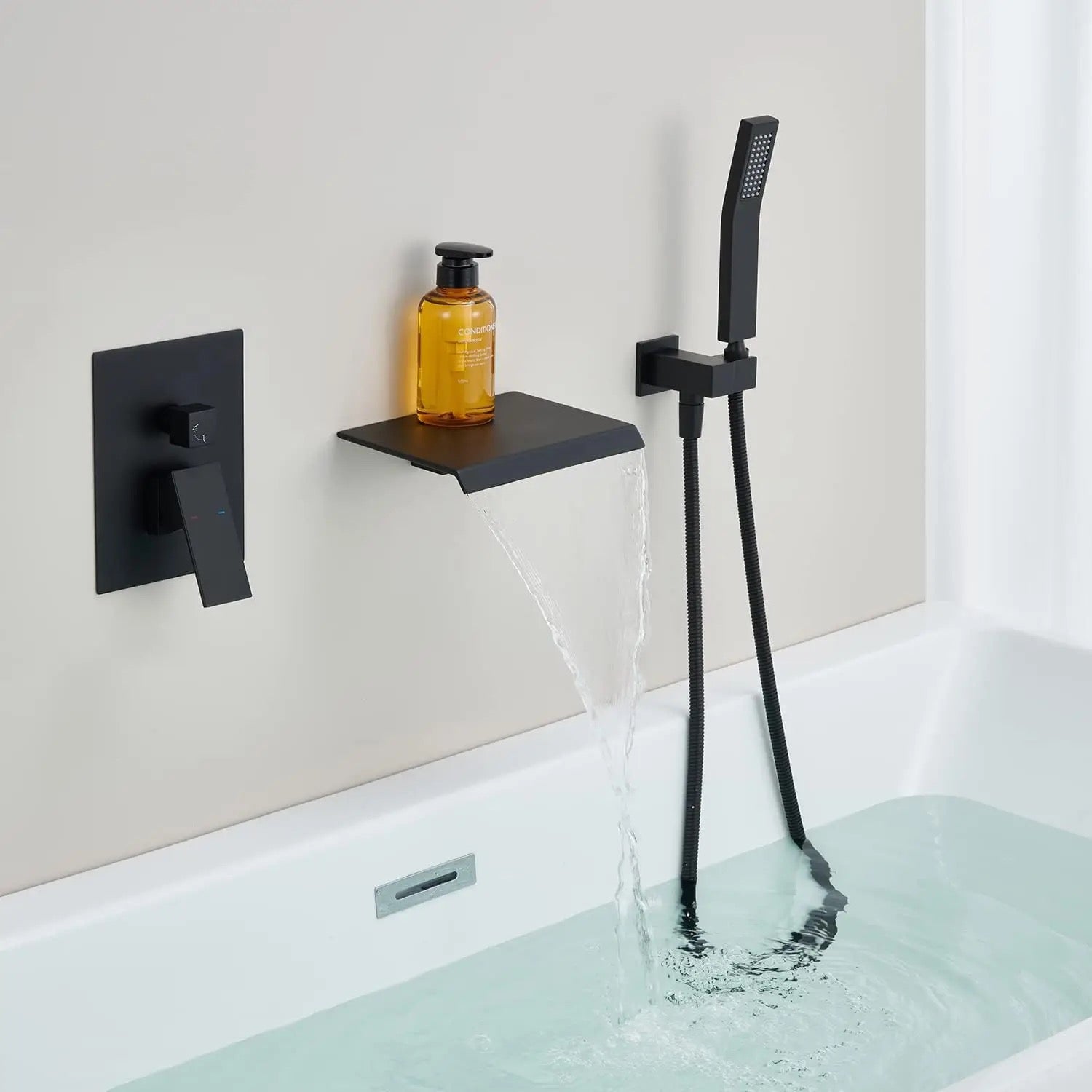 MAX Faucets | Roman Tub Waterfall Spout – Wall-Mounted, Single Handle with Movable Handheld Sprayer – Matte Black Finish