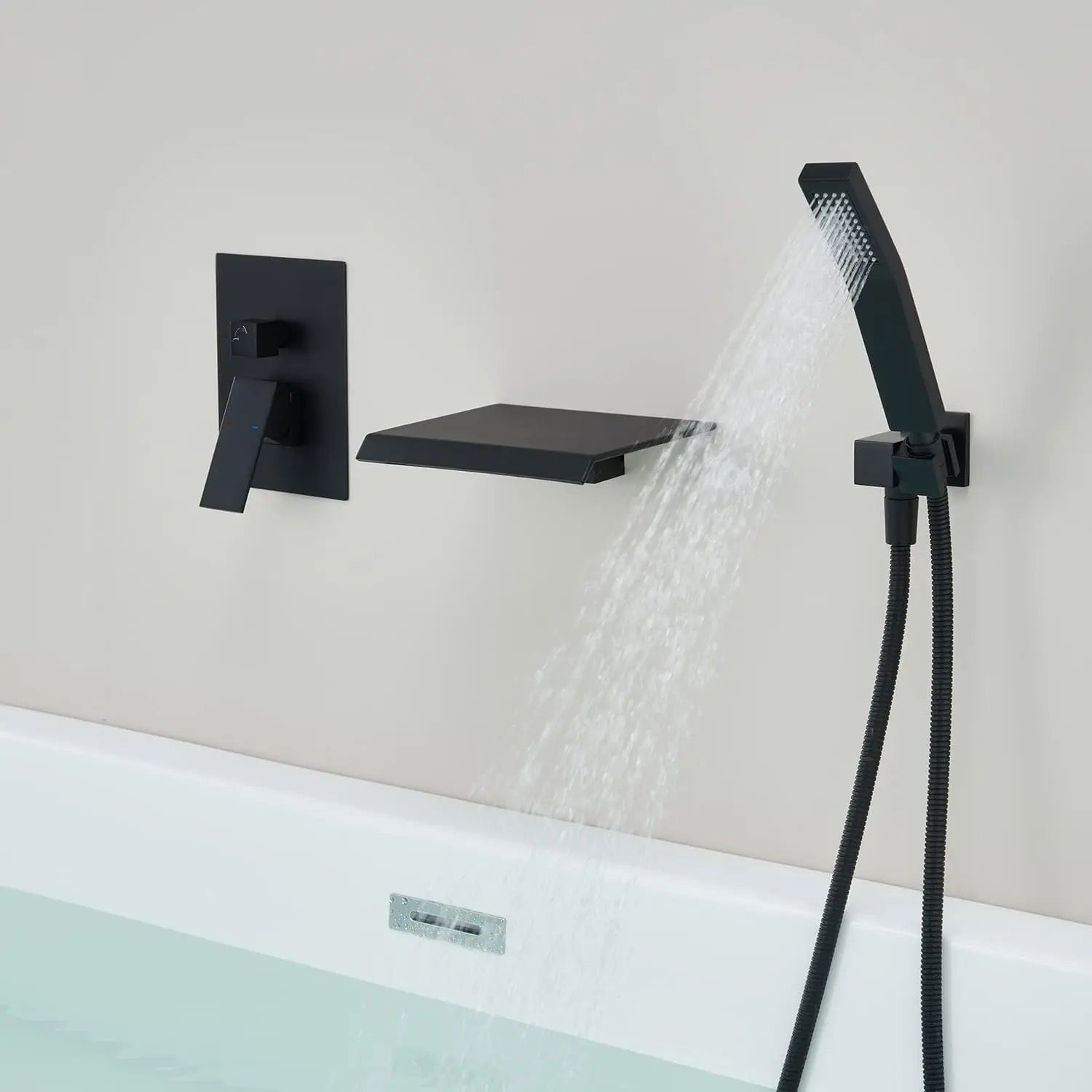 MAX Faucets | Roman Tub Waterfall Spout – Wall-Mounted, Single Handle with Movable Handheld Sprayer – Matte Black Finish