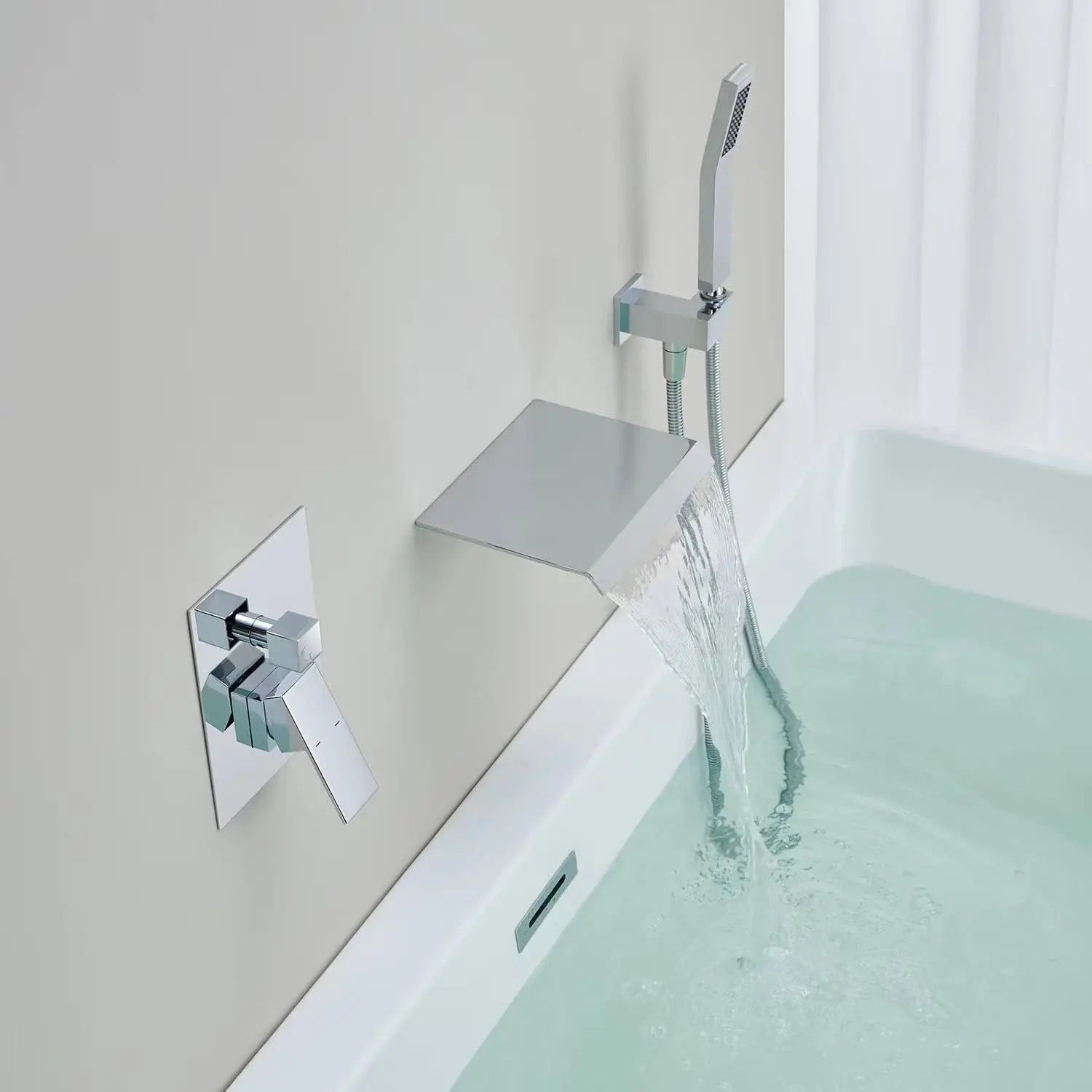 MAX Faucets | Roman Tub Waterfall Spout – Wall-Mounted, Single Handle with Movable Handheld Sprayer – Chrome Finish