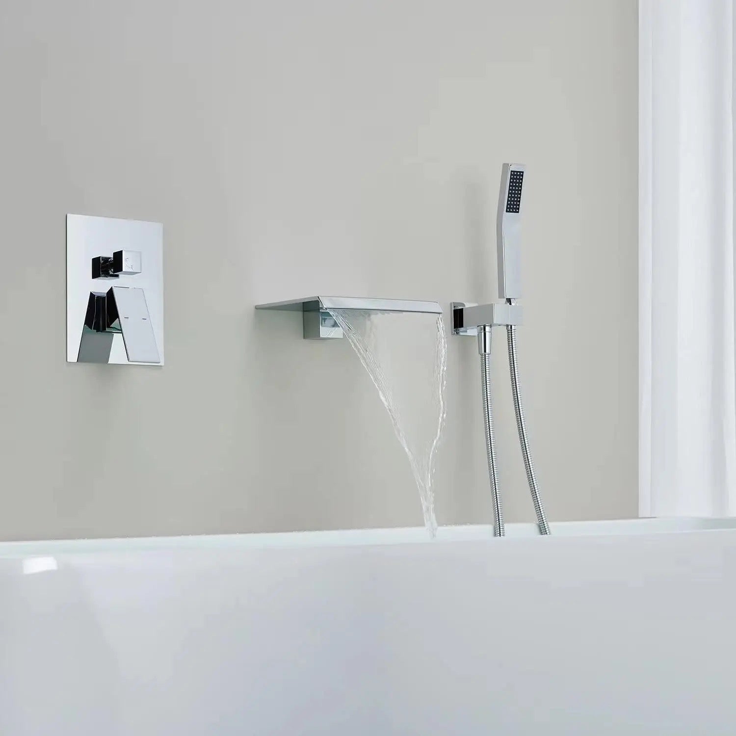 MAX Faucets | Roman Tub Waterfall Spout – Wall-Mounted, Single Handle with Movable Handheld Sprayer – Chrome Finish