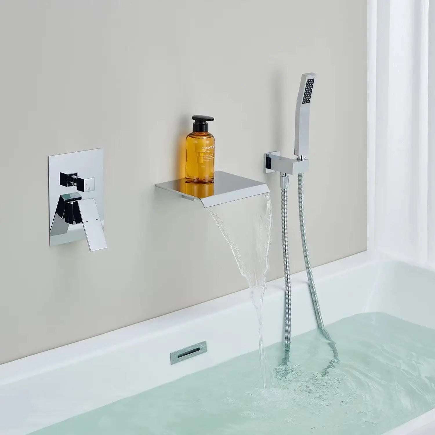 MAX Faucets | Roman Tub Waterfall Spout – Wall-Mounted, Single Handle with Movable Handheld Sprayer – Chrome Finish