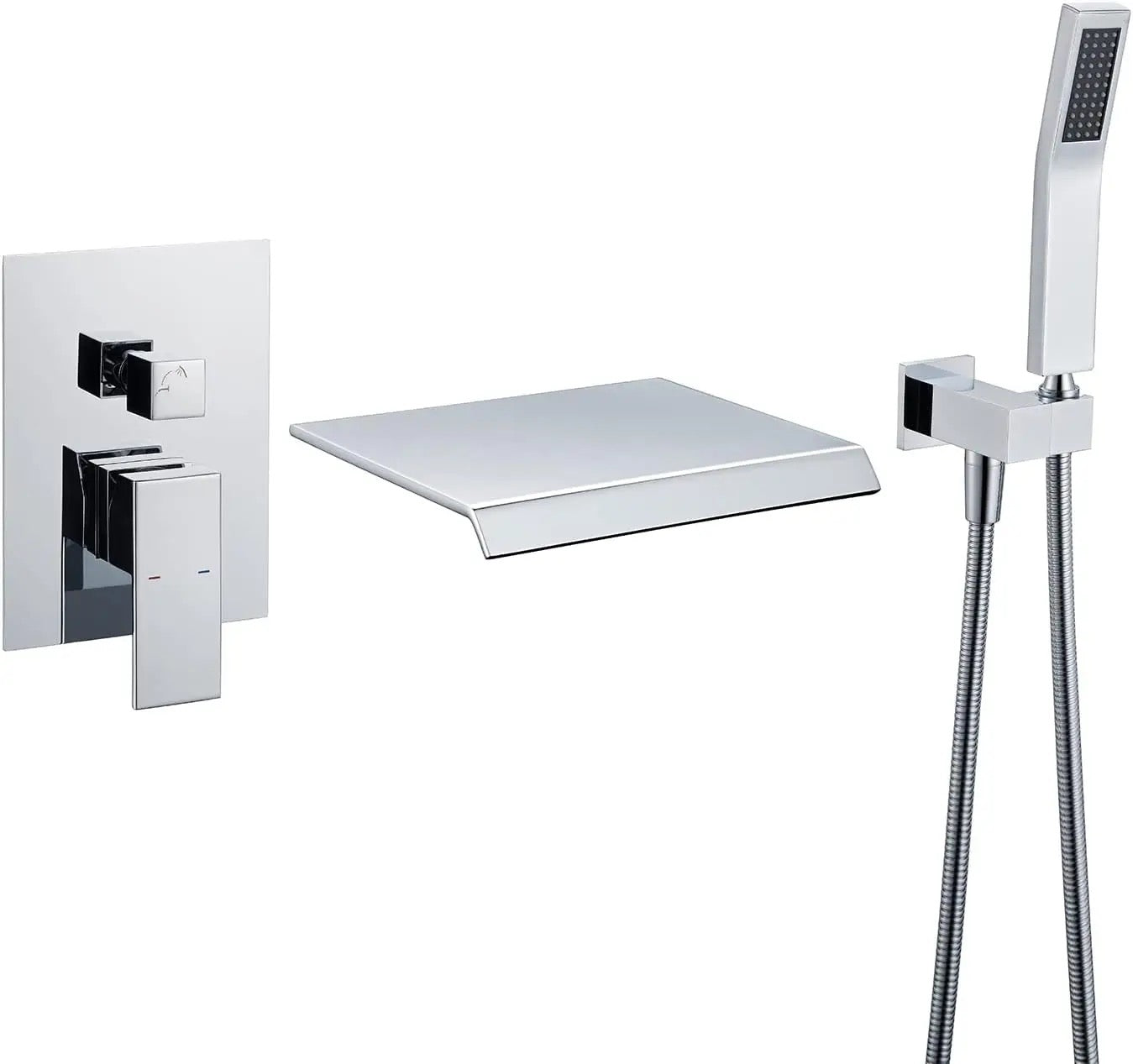 MAX Faucets | Roman Tub Waterfall Spout – Wall-Mounted, Single Handle with Movable Handheld Sprayer – Chrome Finish