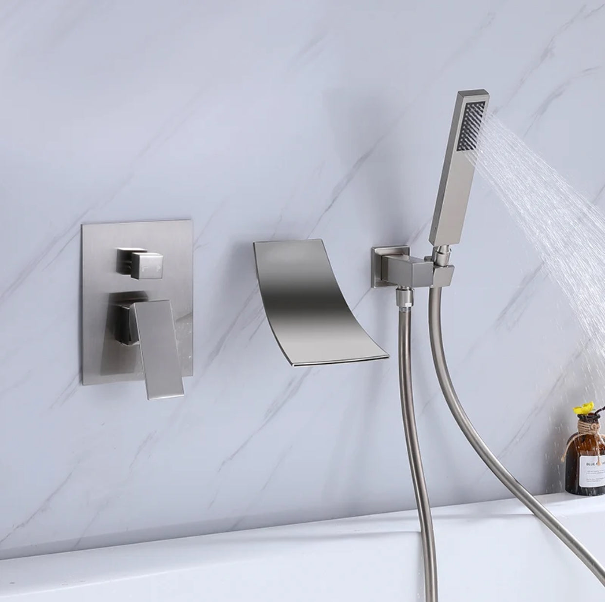 MAX Faucets Roman Tub Faucet with Waterfall Spout, Diverter & Handheld Shower – Brushed Nickel Finish