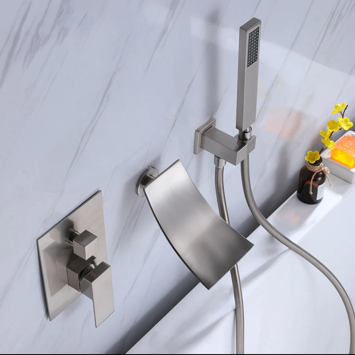 MAX Faucets Roman Tub Faucet with Waterfall Spout, Diverter & Handheld Shower – Brushed Nickel Finish