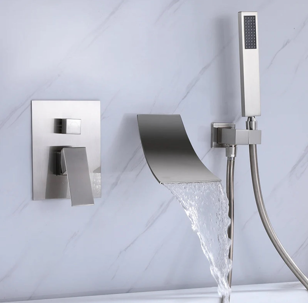 MAX Faucets Roman Tub Faucet with Waterfall Spout, Diverter & Handheld Shower – Brushed Nickel Finish