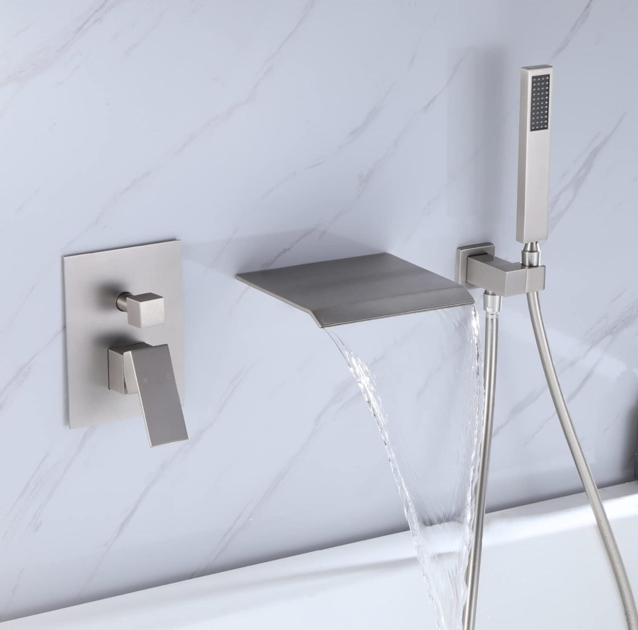 MAX Faucets | Roman Tub Waterfall Spout – Wall-Mounted, Single Handle with Movable Handheld Sprayer – Brushed Nickel Finish