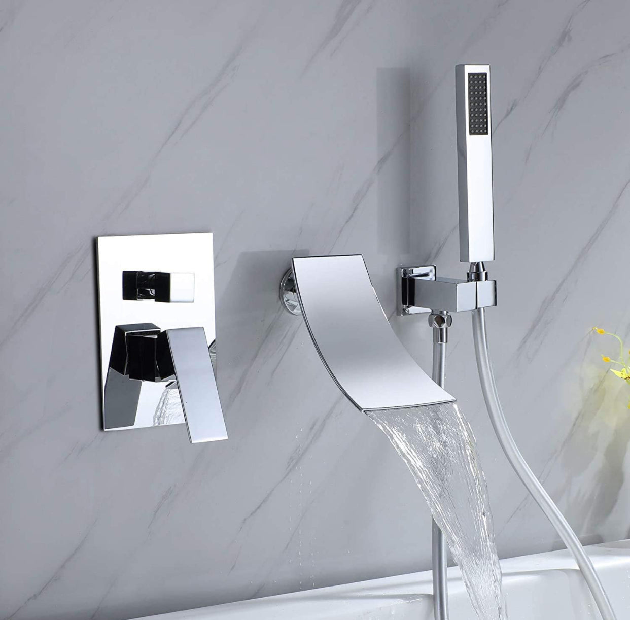 MAX Faucets Roman Tub Faucet with Waterfall Spout, Diverter &amp; Handheld Shower – Chrome Finish
