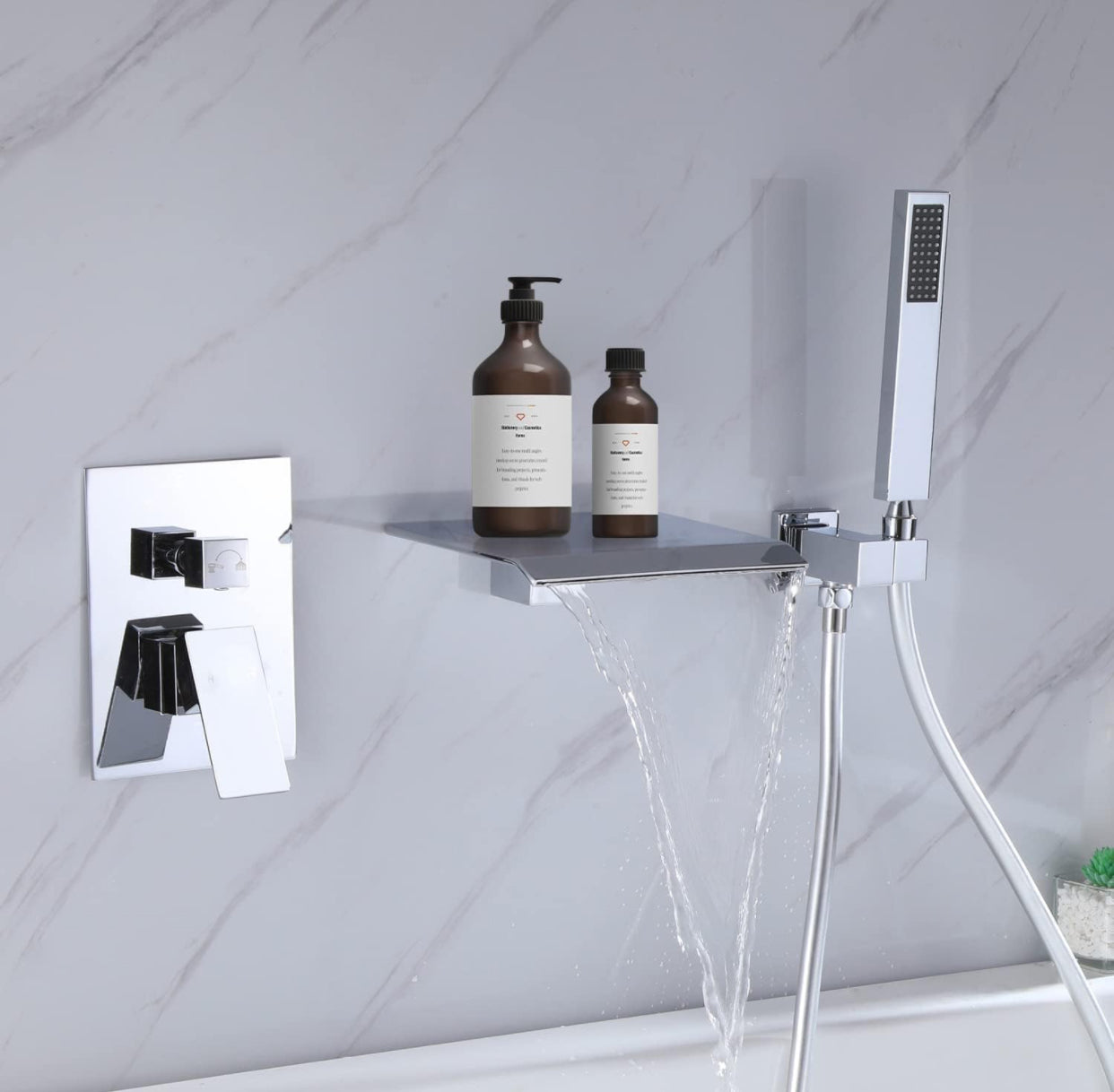 MAX Faucets | Roman Tub Waterfall Spout – Wall-Mounted, Single Handle with Movable Handheld Sprayer – Chrome Finish