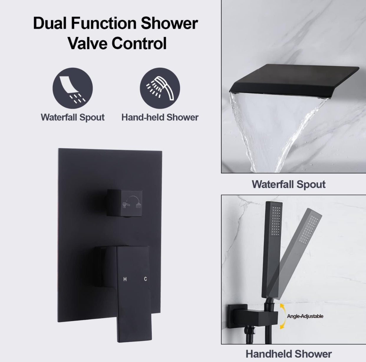 MAX Faucets | Roman Tub Waterfall Spout – Wall-Mounted, Single Handle with Movable Handheld Sprayer – Matte Black Finish