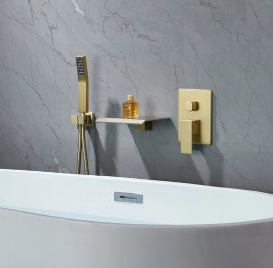 Roman Tub Waterfall Spout Single Handel Wall Mounted With Movable Spryer Handheld Brushed Gold Finish