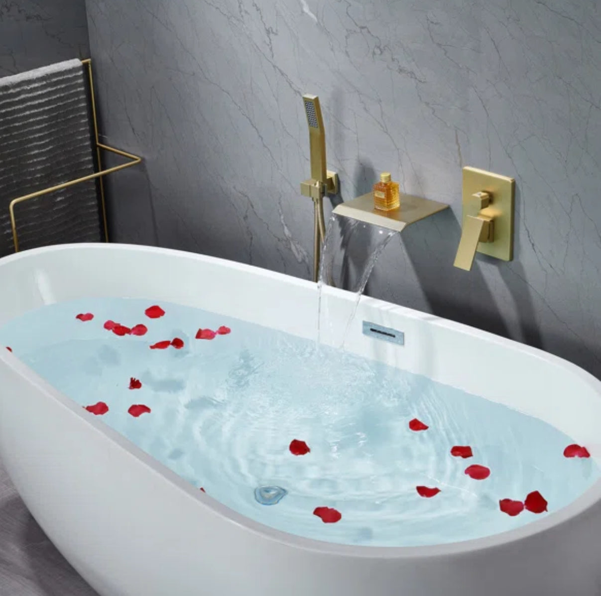 MAX Faucets | Roman Tub Waterfall Spout – Wall-Mounted, Single Handle with Movable Handheld Sprayer – Brushed Gold Finish