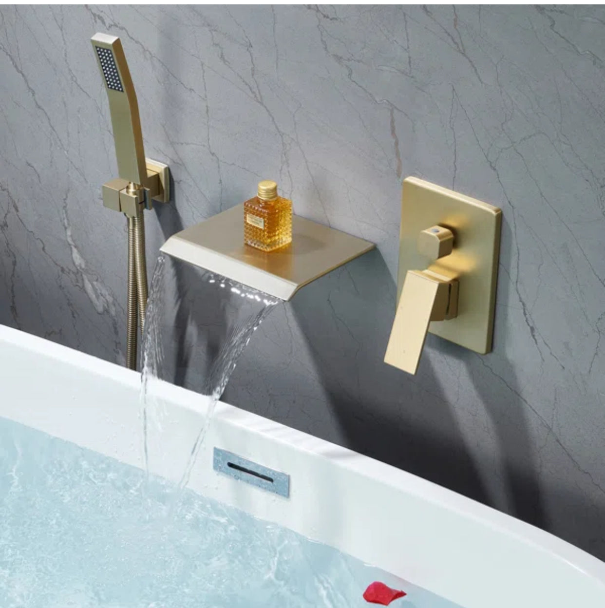 MAX Faucets | Roman Tub Waterfall Spout – Wall-Mounted, Single Handle with Movable Handheld Sprayer – Brushed Gold Finish